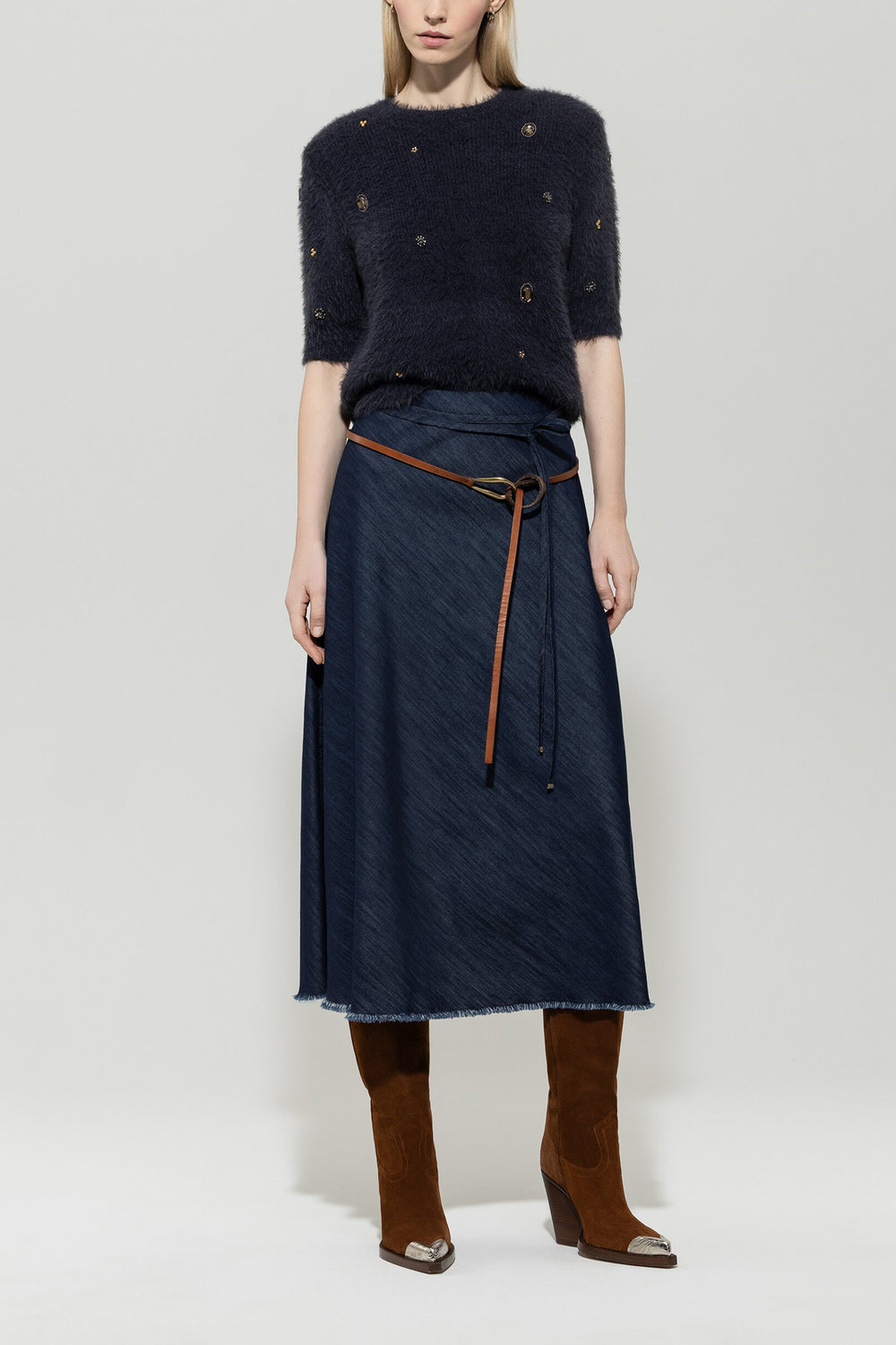 Kurzarm-Pullover mit Steinen - dark blue - Standard