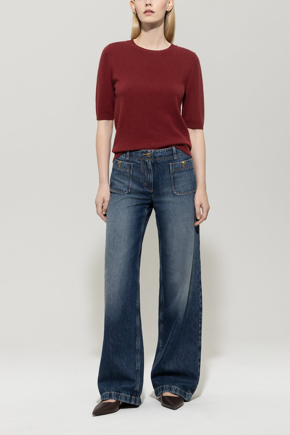 Short-sleeved cashmere-blend sweater - berry red - Standard