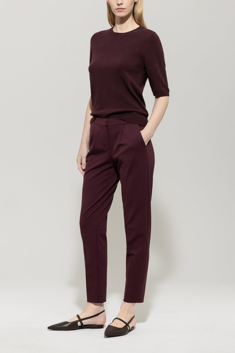 Short-sleeved cashmere-blend sweater - burgundy - Standard