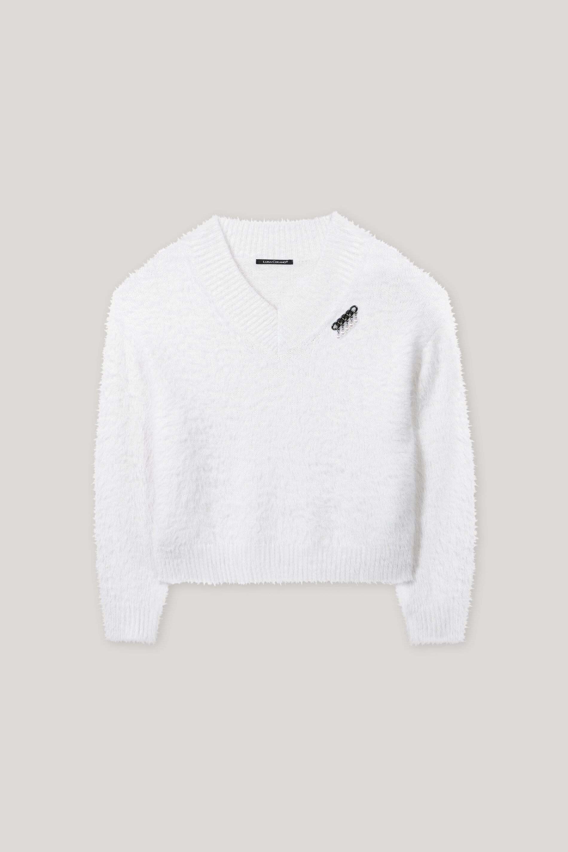 V-Neck-Pullover in Fell-Optik - silky cream - Standard | Artikel Front