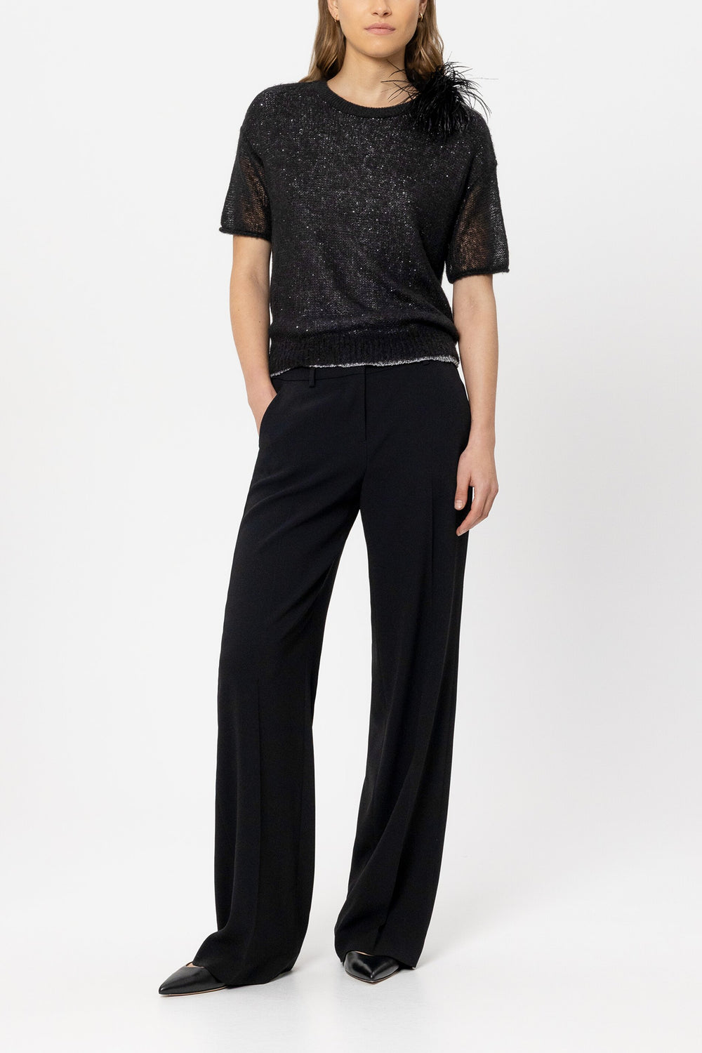 Sequin half-sleeved sweater - black - Standard