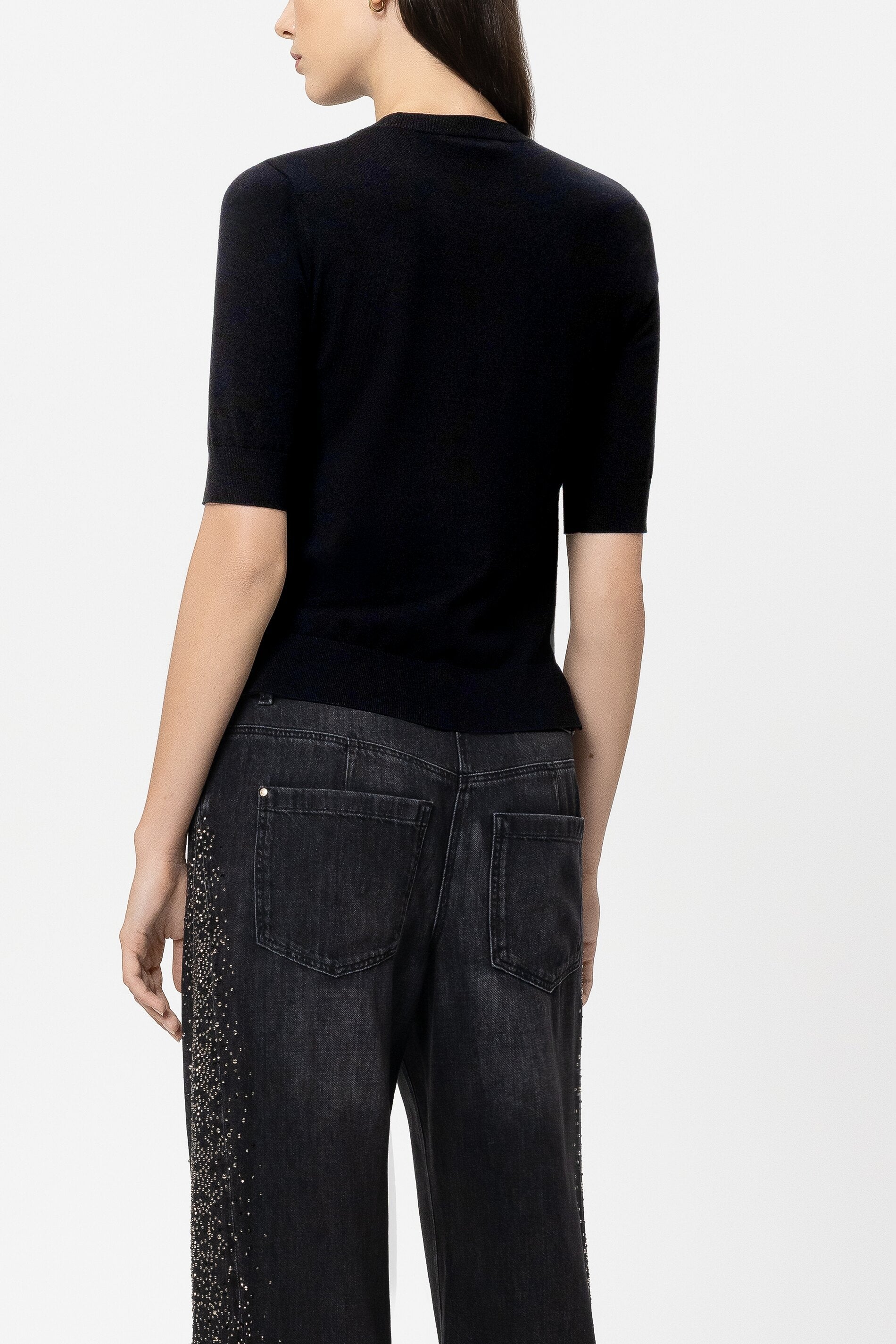 Halbarm-Feinstrick-Pullover - pure black - Standard | Model Rück