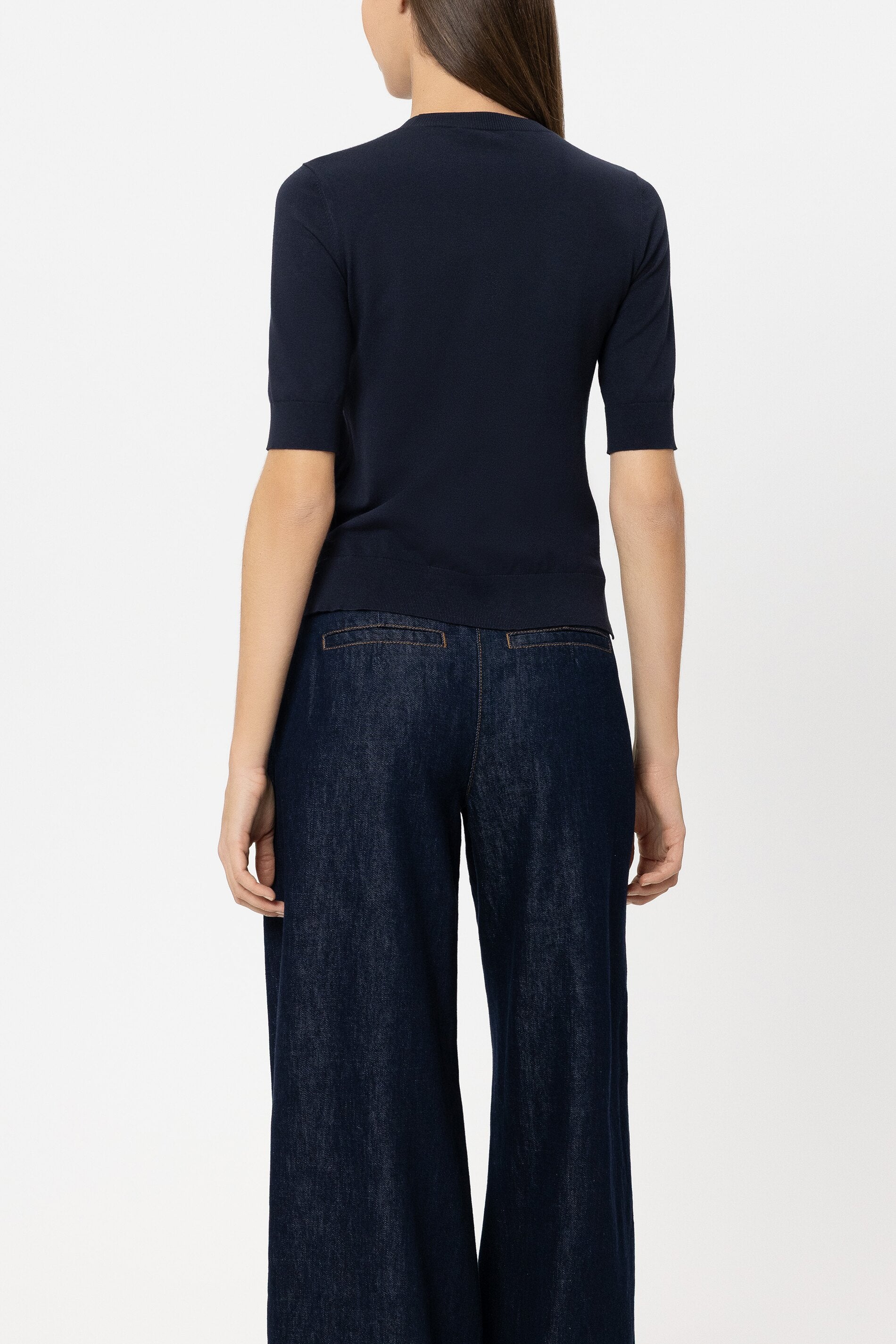 Halbarm-Feinstrick-Pullover - navy blue - Standard | Model Rück