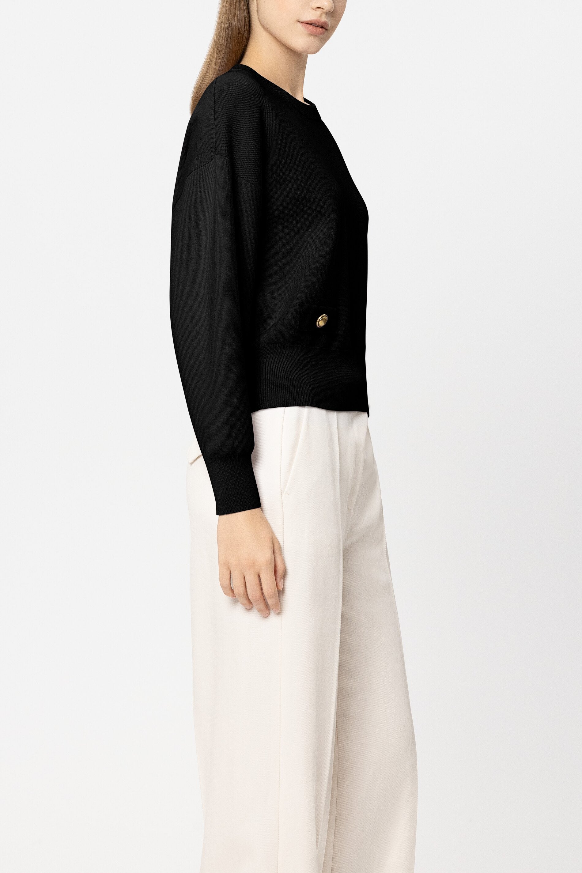 Langarm-Feinstrick-Pullover - pure black - Standard | Model Seite