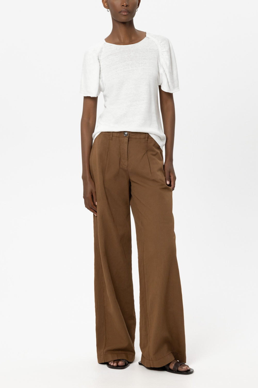 Lniany sweter z okrągłym dekoltem - biały - Standard