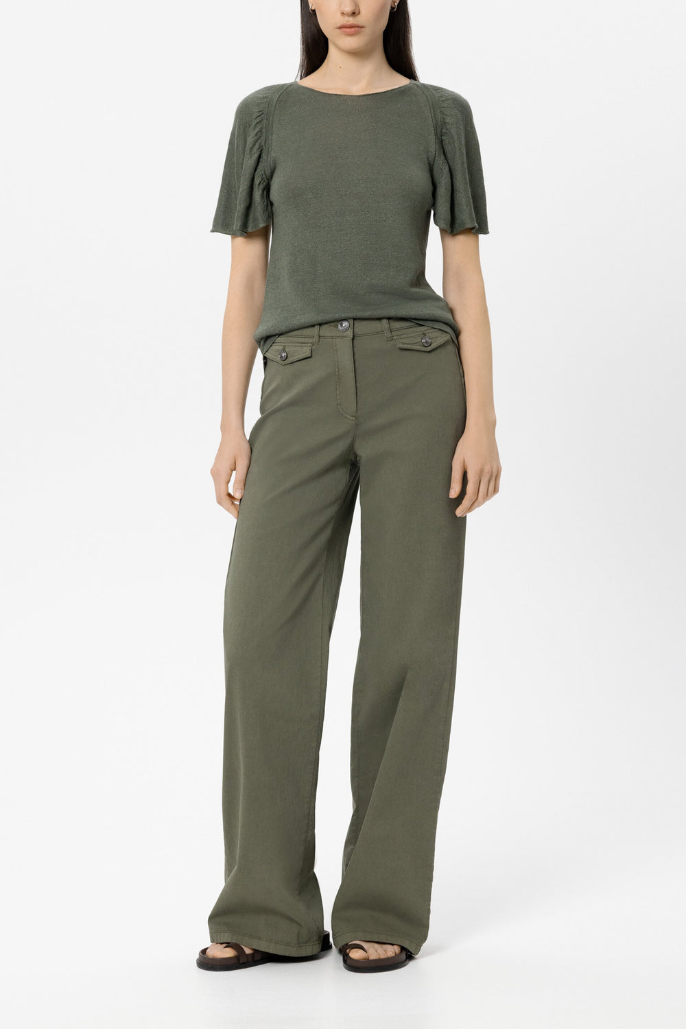 Lniany sweter z okrągłym dekoltem - khaki - Standard