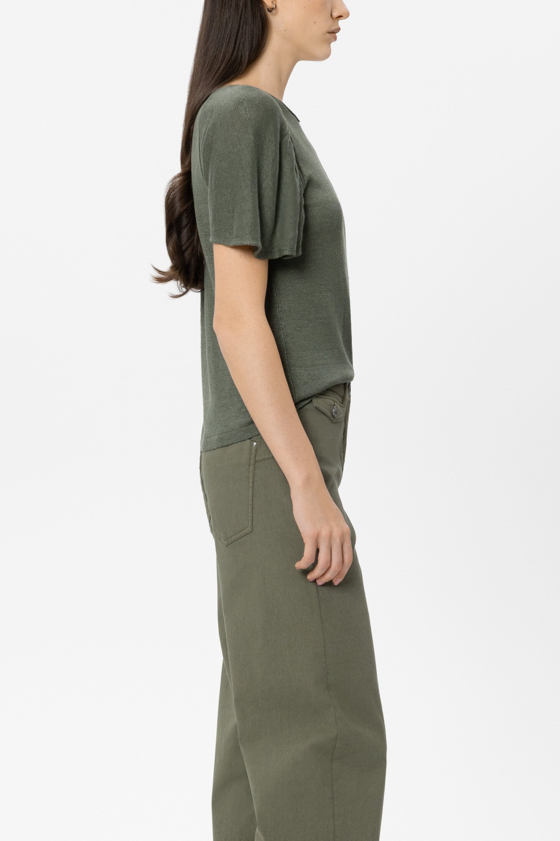 Leinen-Rundhals-Pullover - khaki - Standard | Model Seite