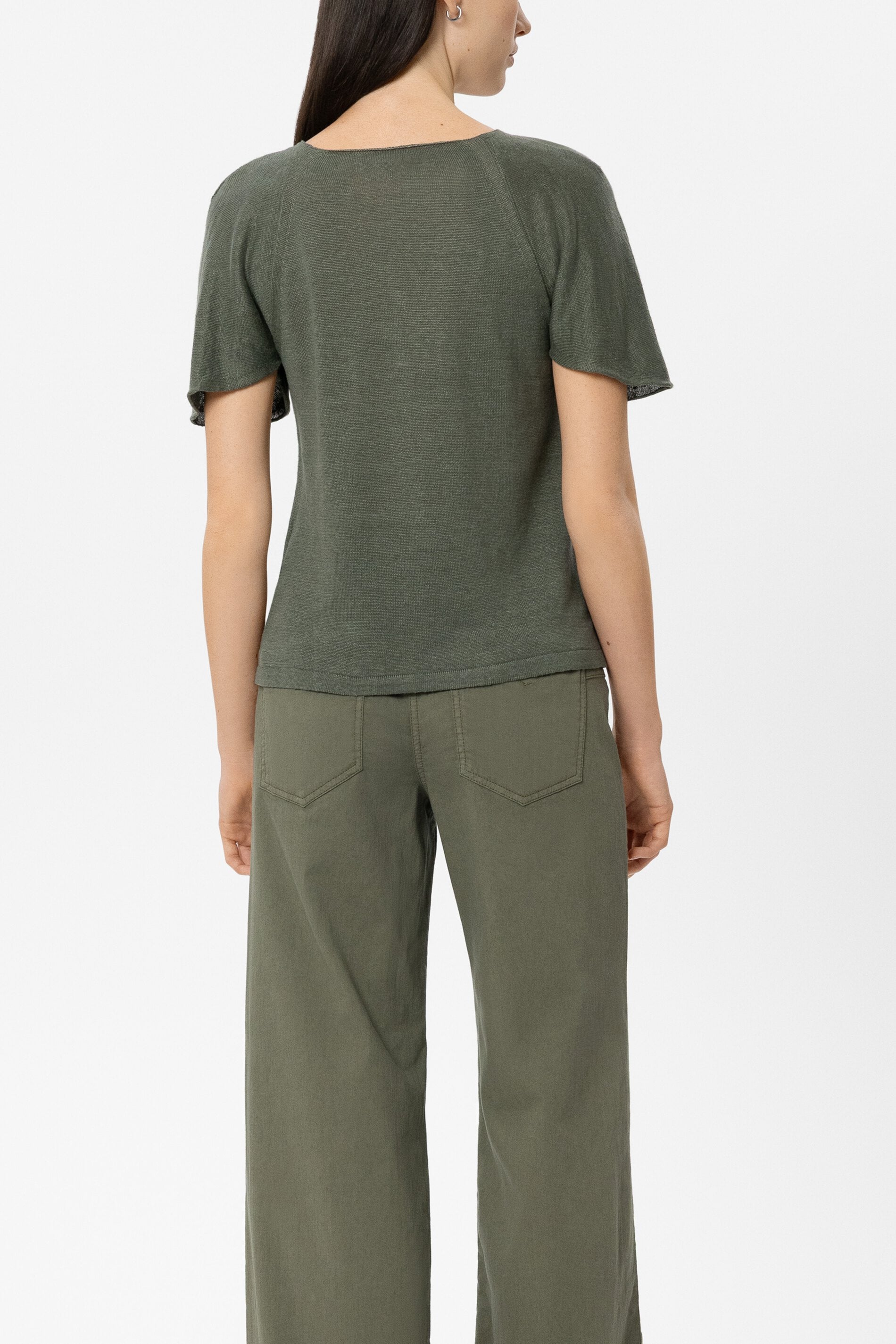 Leinen-Rundhals-Pullover - khaki - Standard | Model Rück