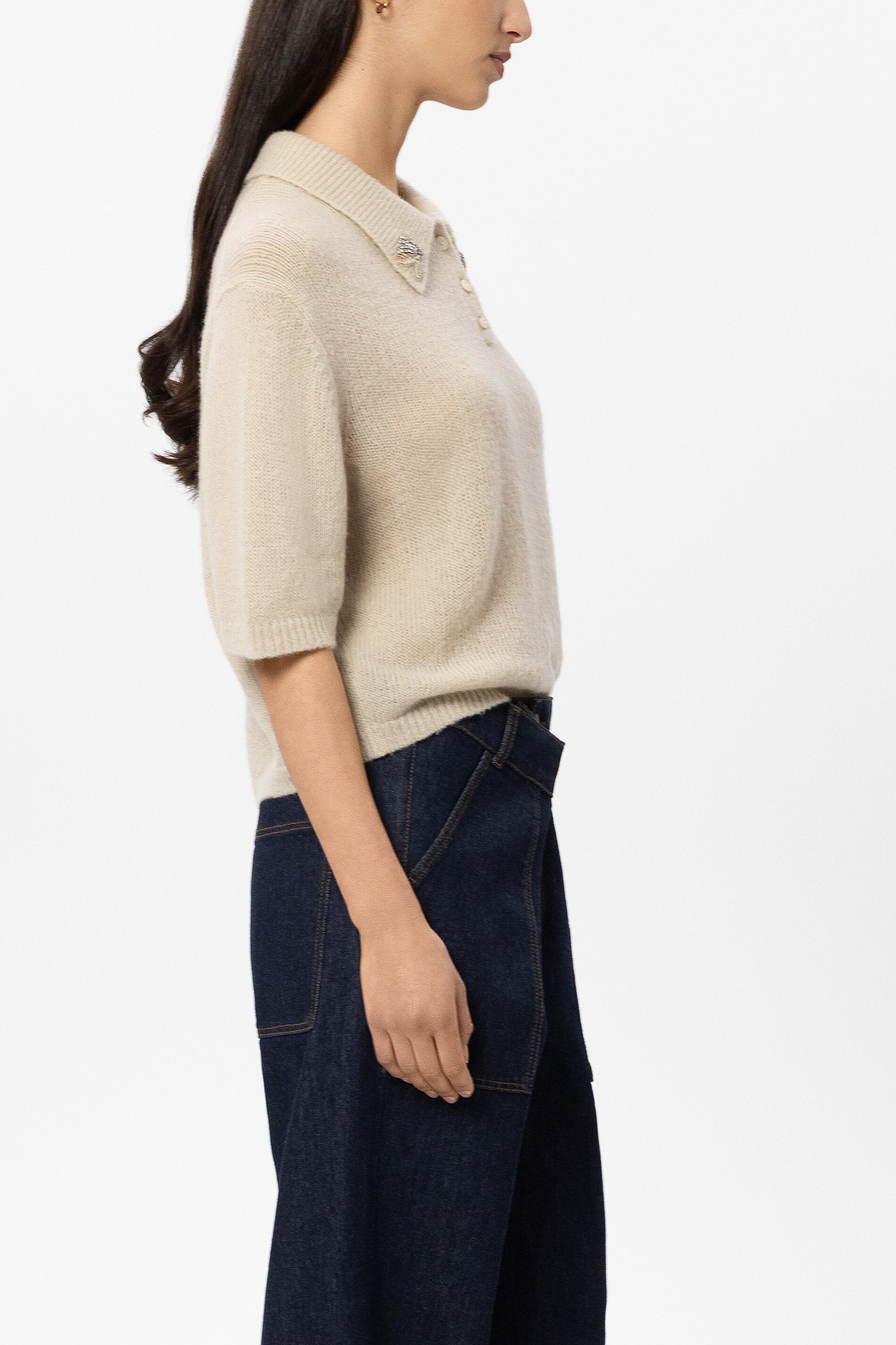 Polo aus Woll-Mix - ginger - mit Schmucksteine | Model Seite