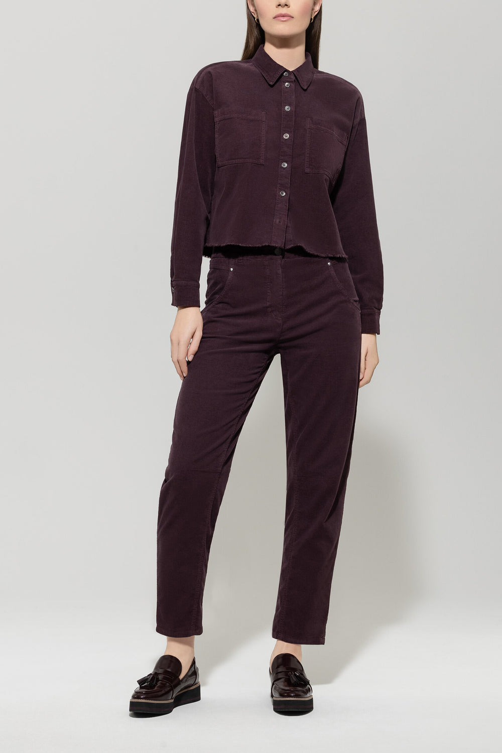 Corduroy shirt with fringed details - burgundy - Standard