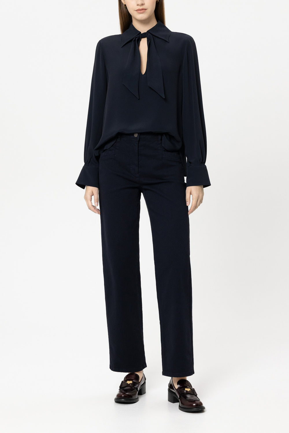 Schluppenbluse aus Seiden-Mix - navy blue - Standard