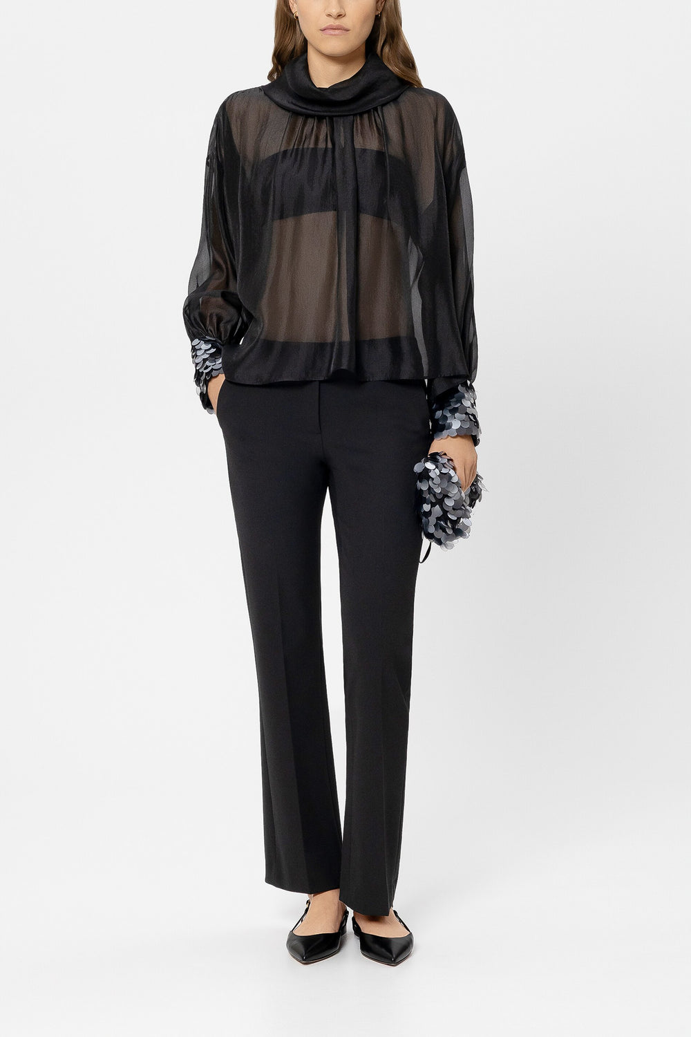 Bluse mit Pailletten-Manchette - black - mit Applikation