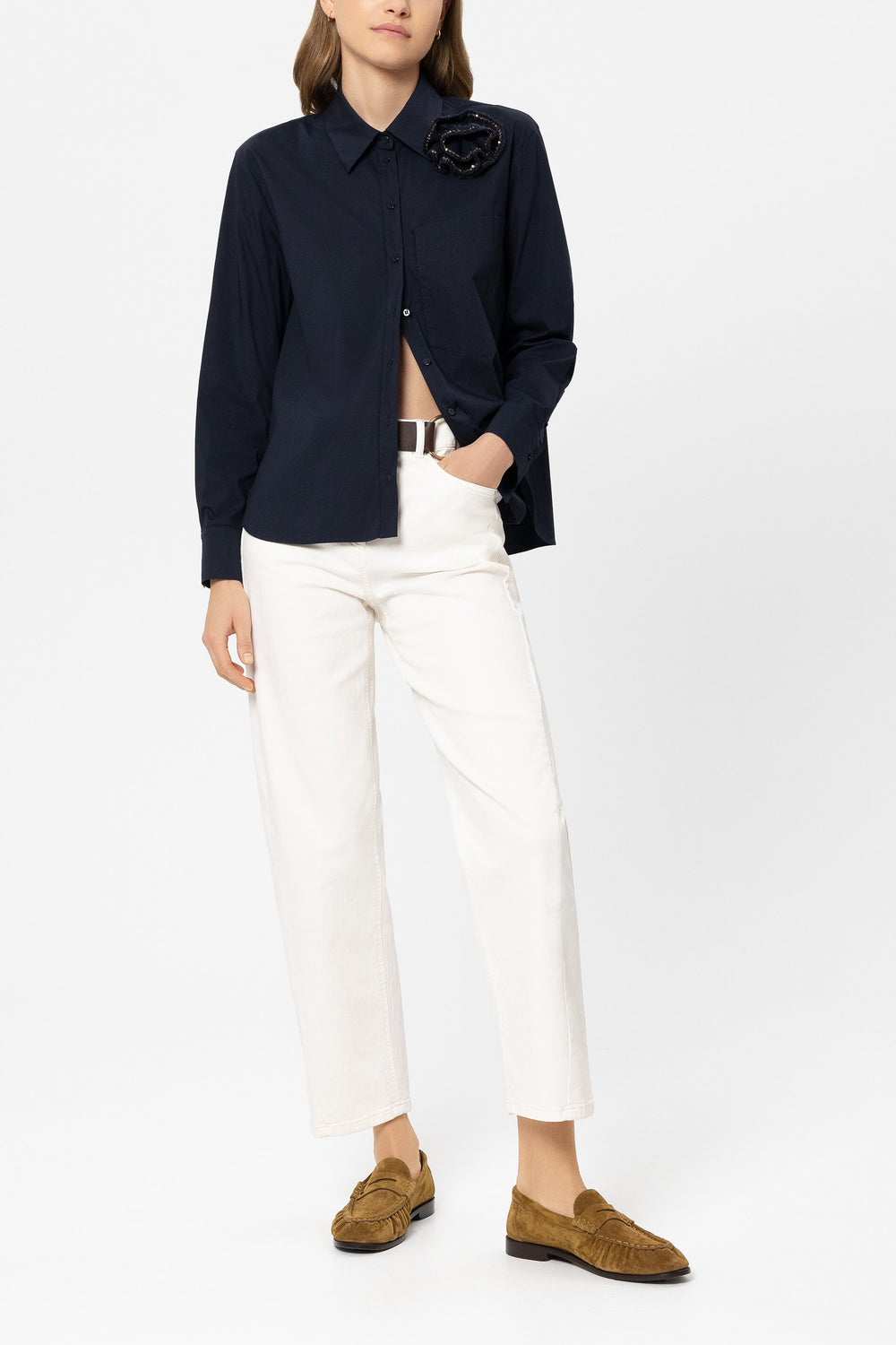 Shirt blouse with ajour embroidery - navy blue - Standard