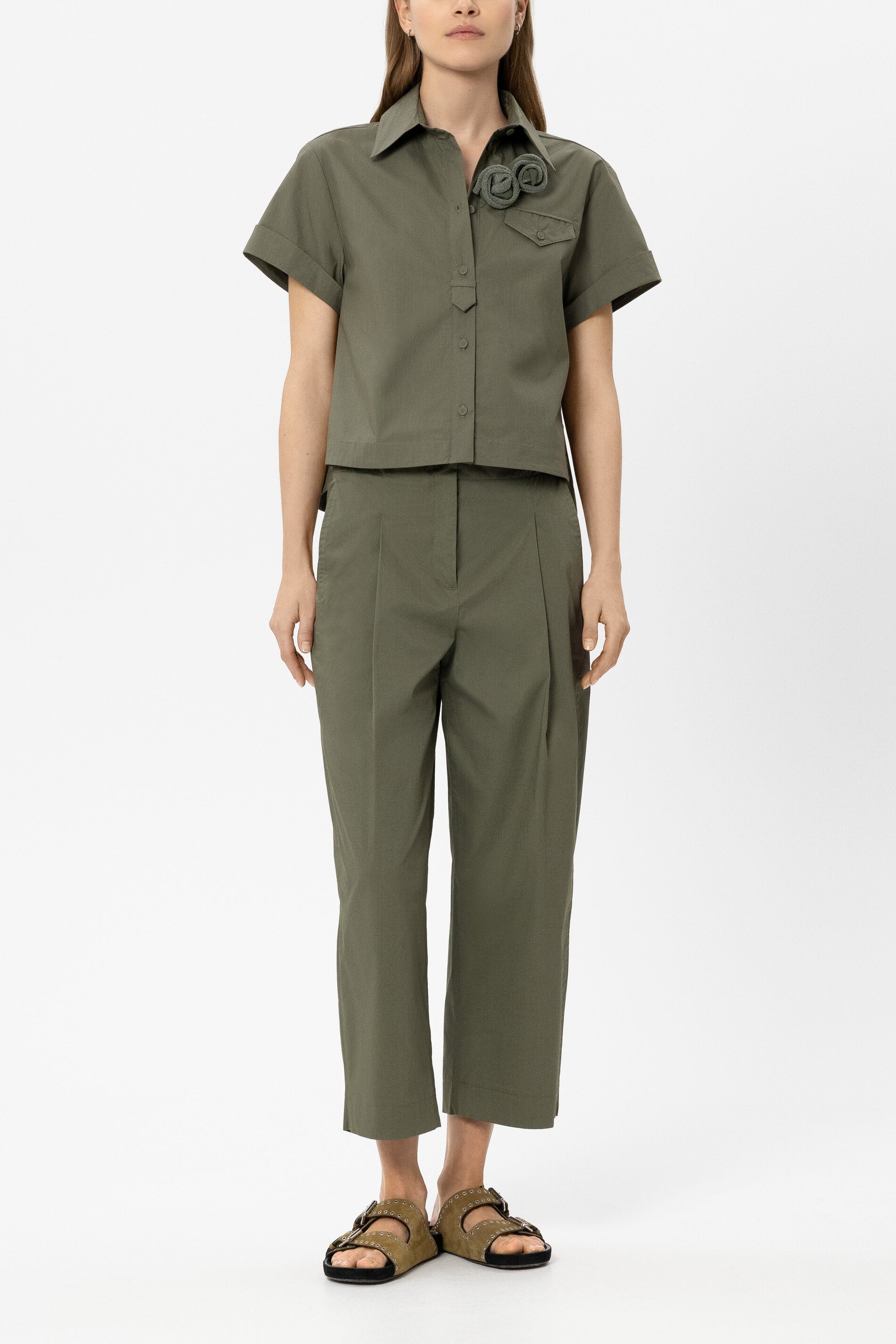 Baumwoll-Kurzarm-Hemd - khaki - Standard | Model Front