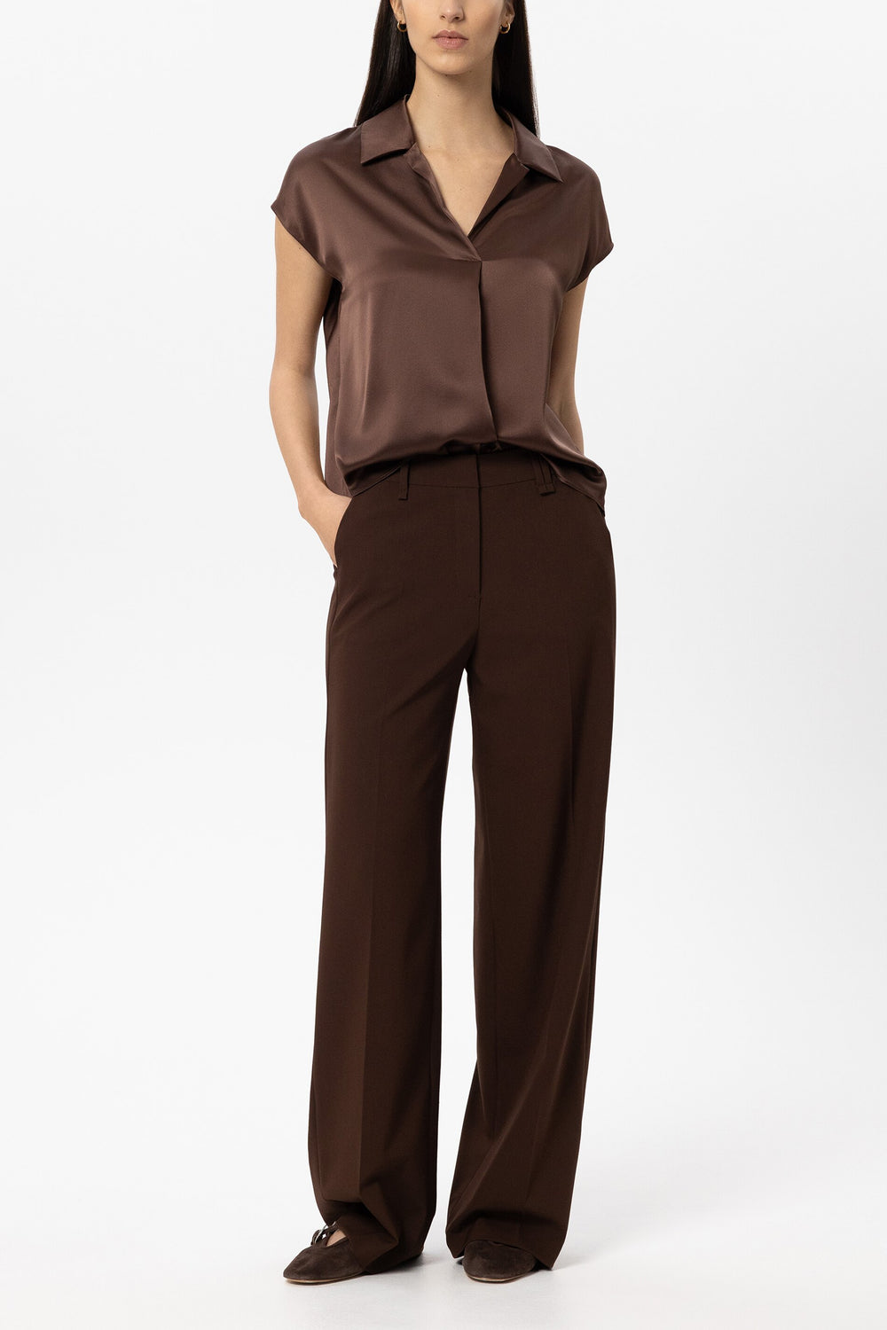 Kurzarm-Seidenbluse - marone - Standard