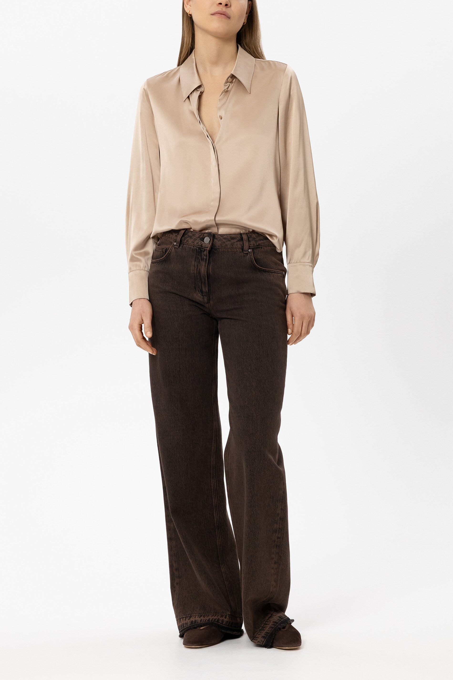 Langarm-Seidenbluse - cappuccino - Standard | Model Front