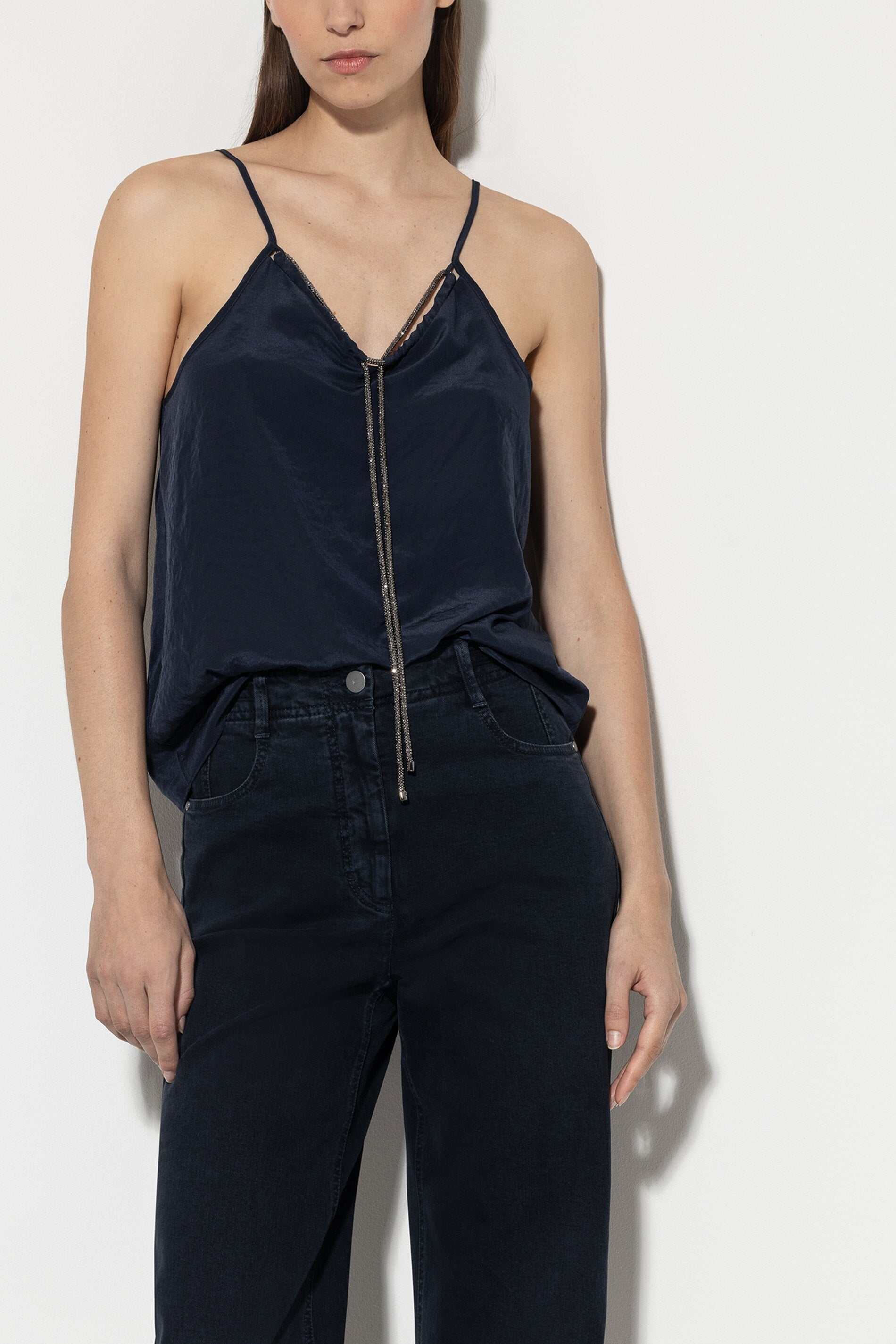 Spaghetti-Top mit Strasskordel - midnight blue - Standard | Model Front