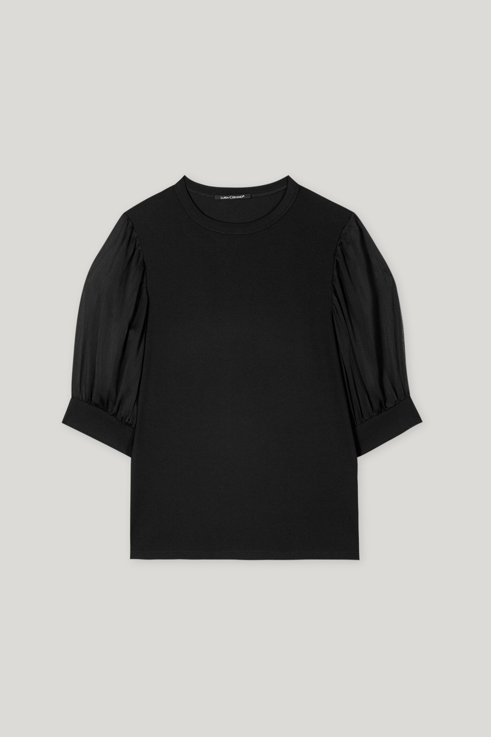 Rippshirt mit Crêpe-Ärmeln - deep black - Standard | Artikel Front