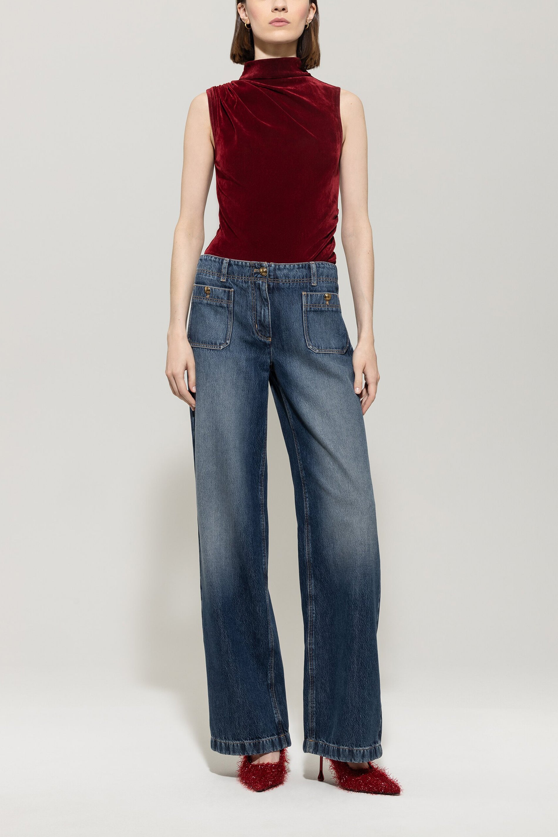 Turtleneck-Samt-Top - berry red - Standard | Model Front