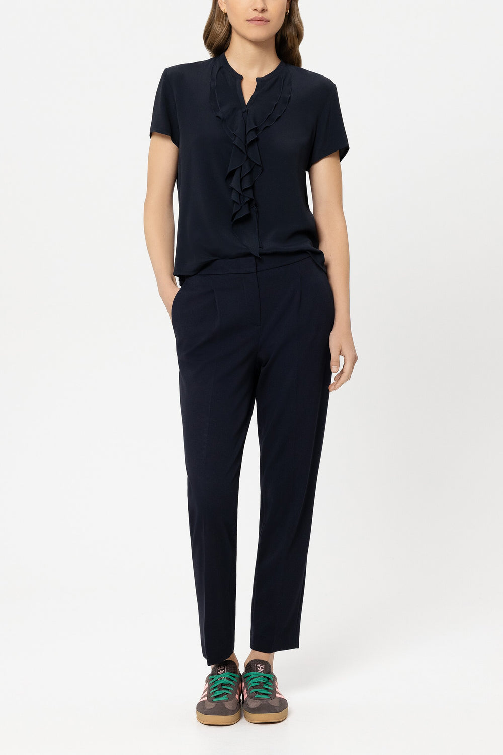 Halbarm-Shirt mit Volants - navy blue - Standard