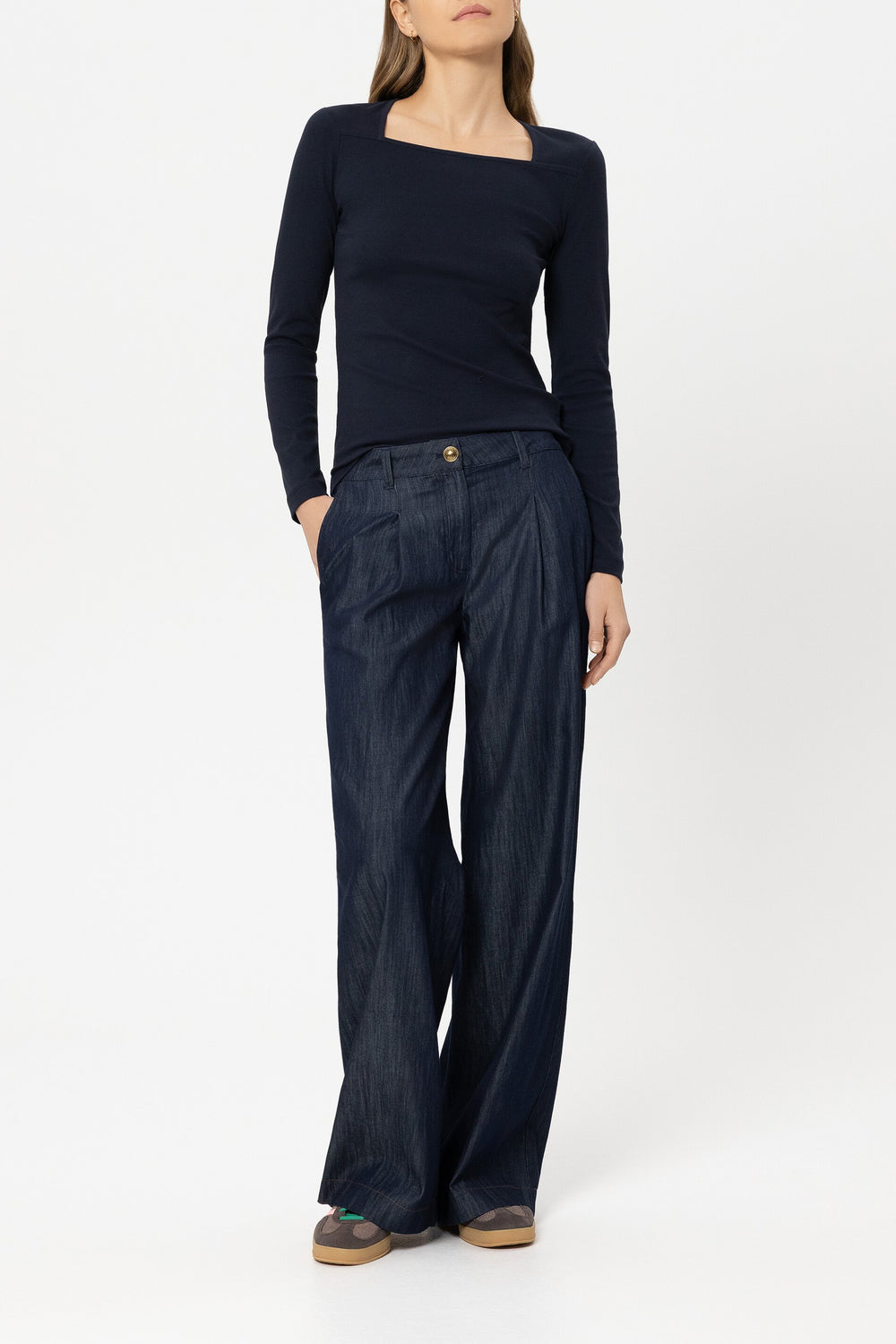 Ribbed shirt with square neckline - navy blue - Standard