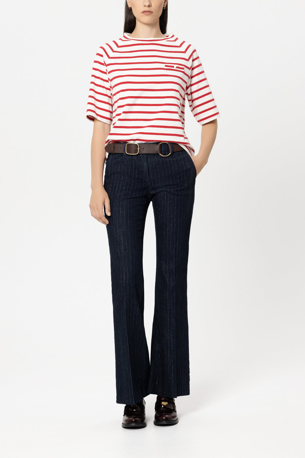 T-shirt à rayures avec détail de boutons - cherry red / cream - Standard