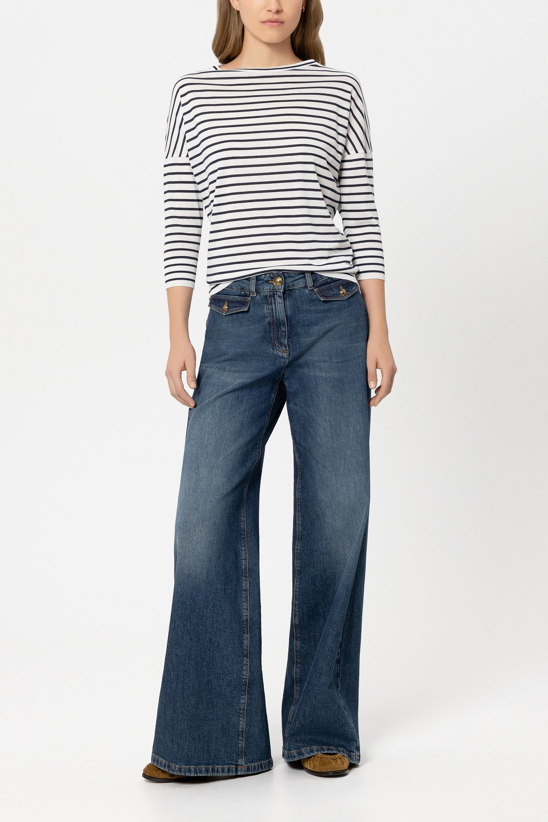 Ringel-Shirt mit Ripp-Details - navy blue / cream - Standard | Model Front