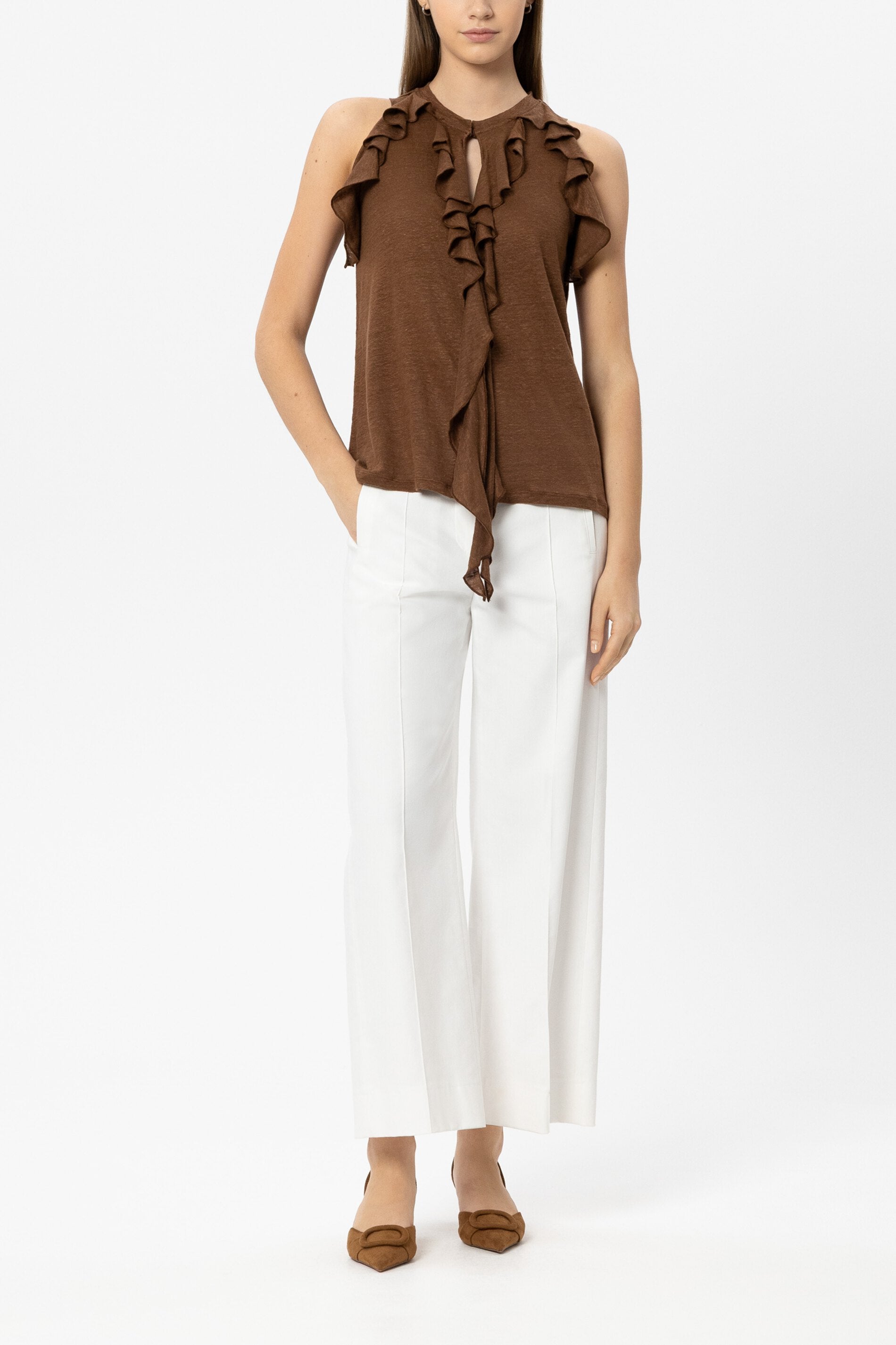 Leinen-Neckholder-Shirt - dark terracotta - Standard | Model Front