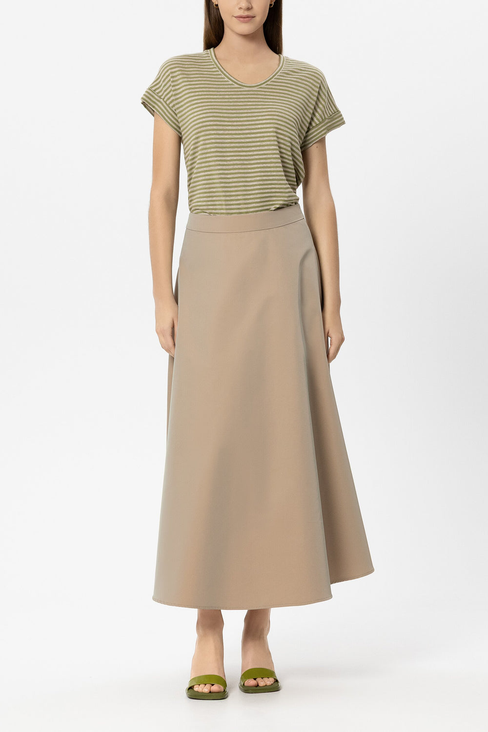 Linen striped T-shirt - sand / moss green - Standard