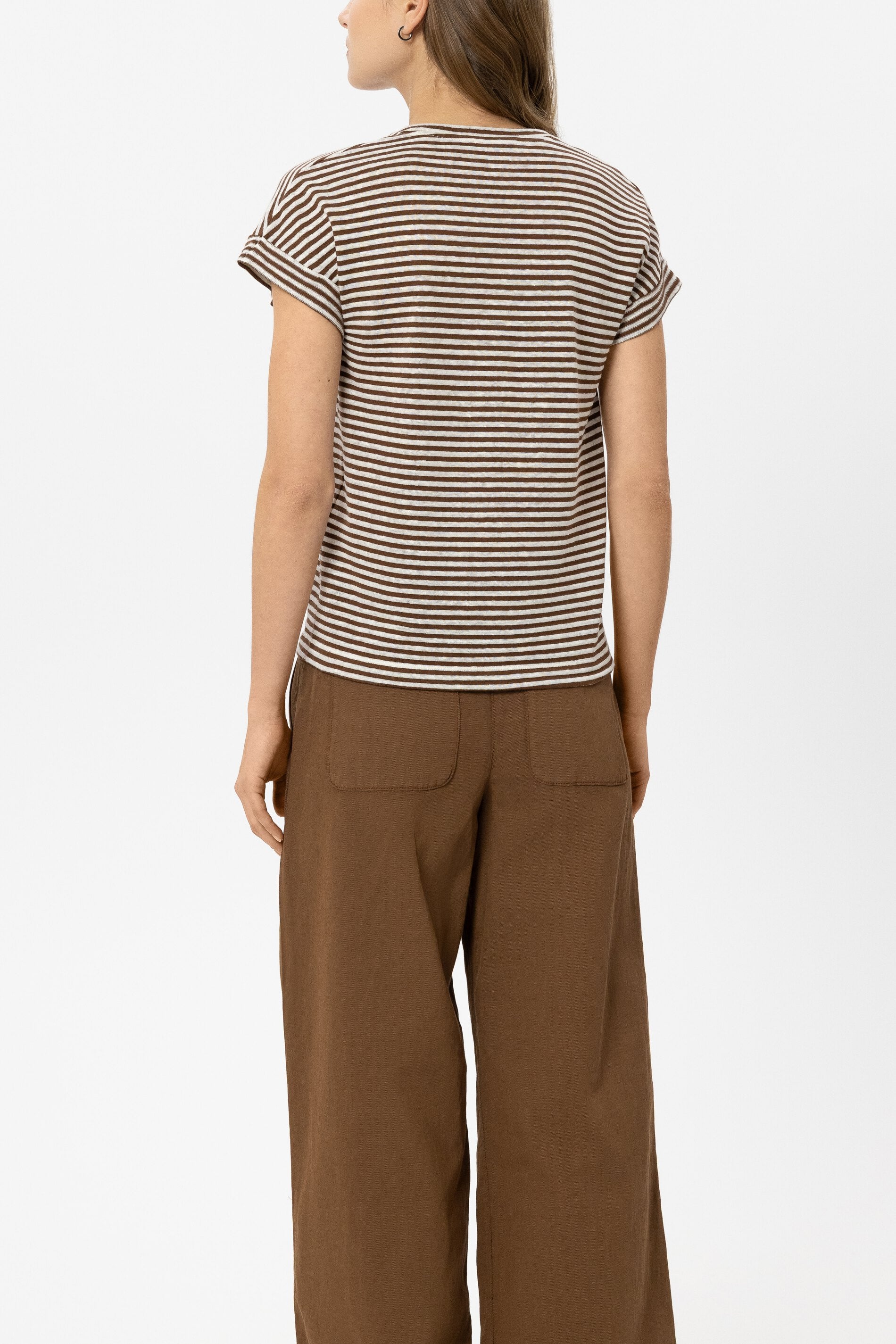 Leinen-Ringel-T-Shirt - dark / light terracotta - Standard | Model Rück