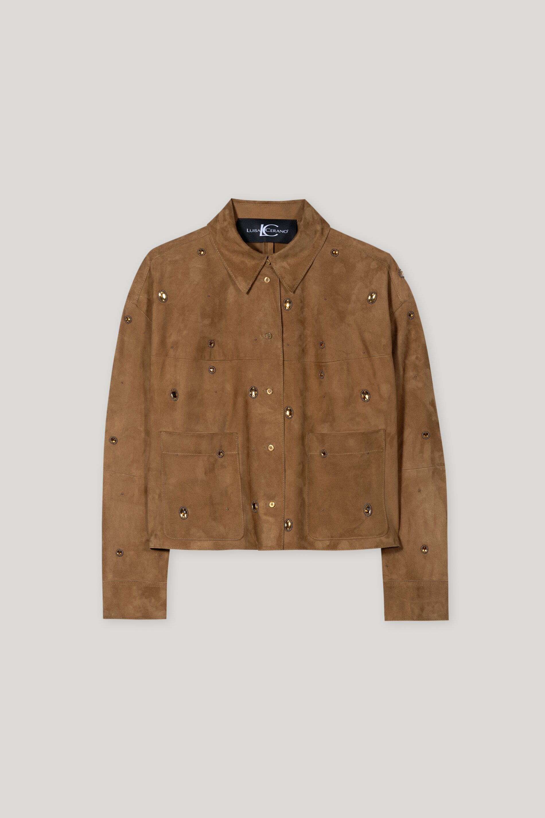 Veloursleder-Hemdjacke - hanf - mit Stickerei / Straß | Artikel Front