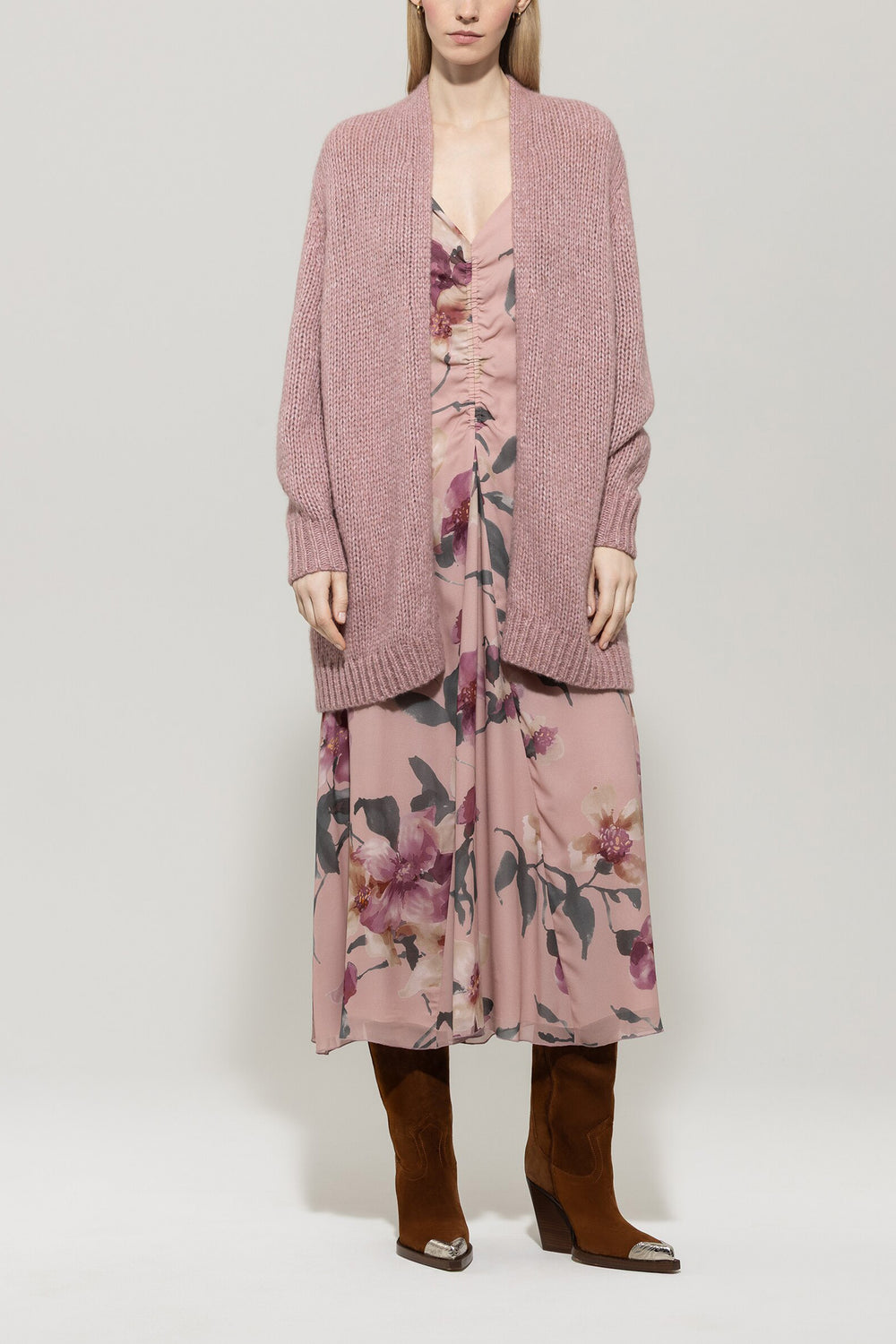 Long cardigan with open front - rosewood - Standard