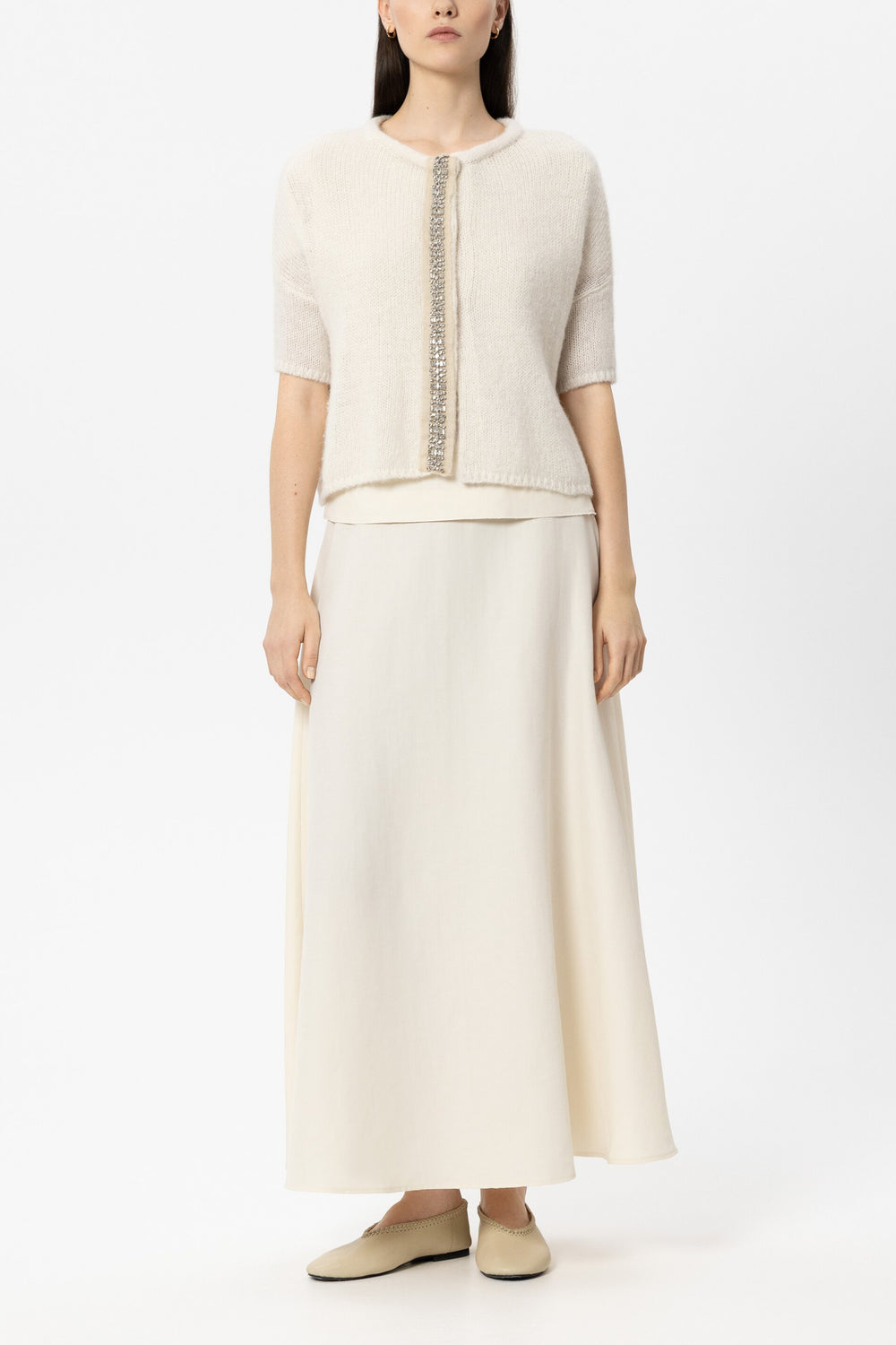 Alpaca mix cardigan - milk - with embroidery / rhinestones