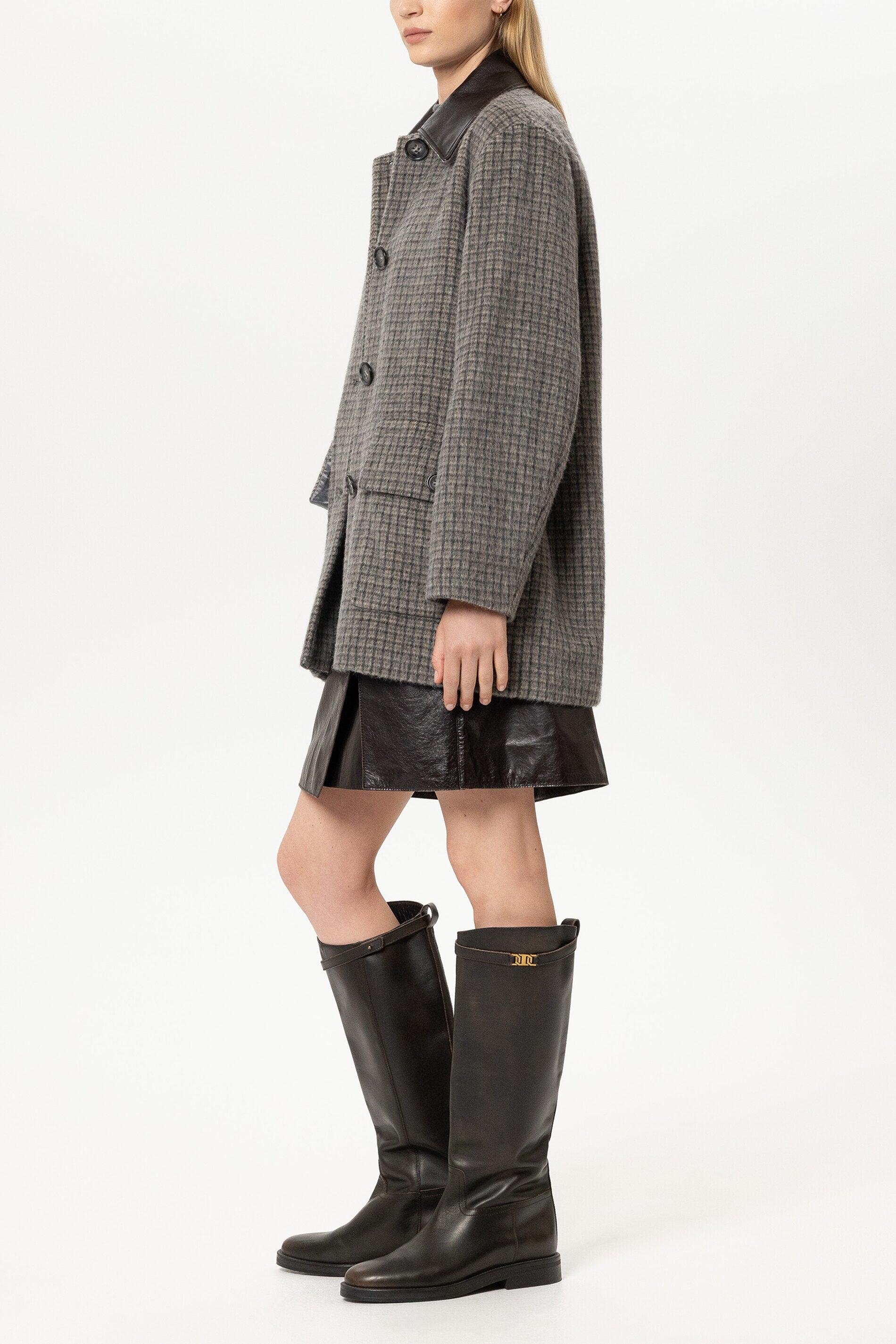 Karo-Kurzmantel aus Woll-Mix - heather grey - Standard | Model Seite