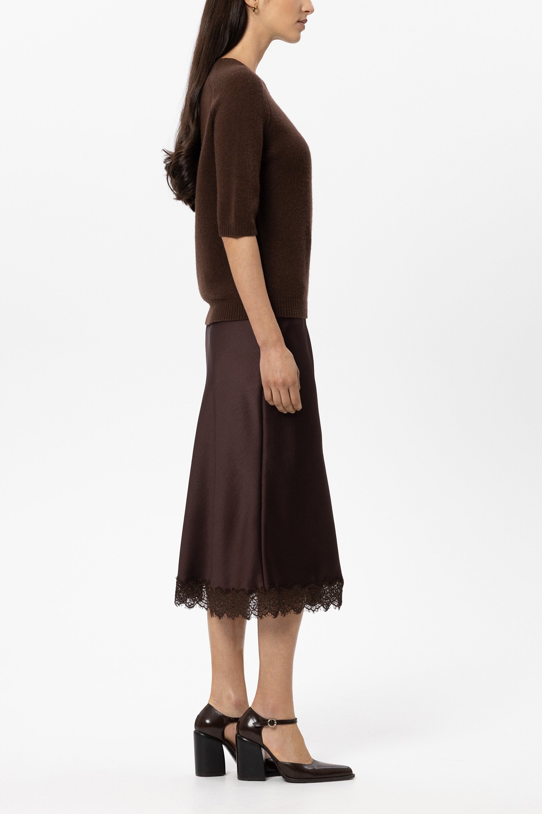 Satin-Rock mit Spitzendetail - marone - Standard | Model Seite
