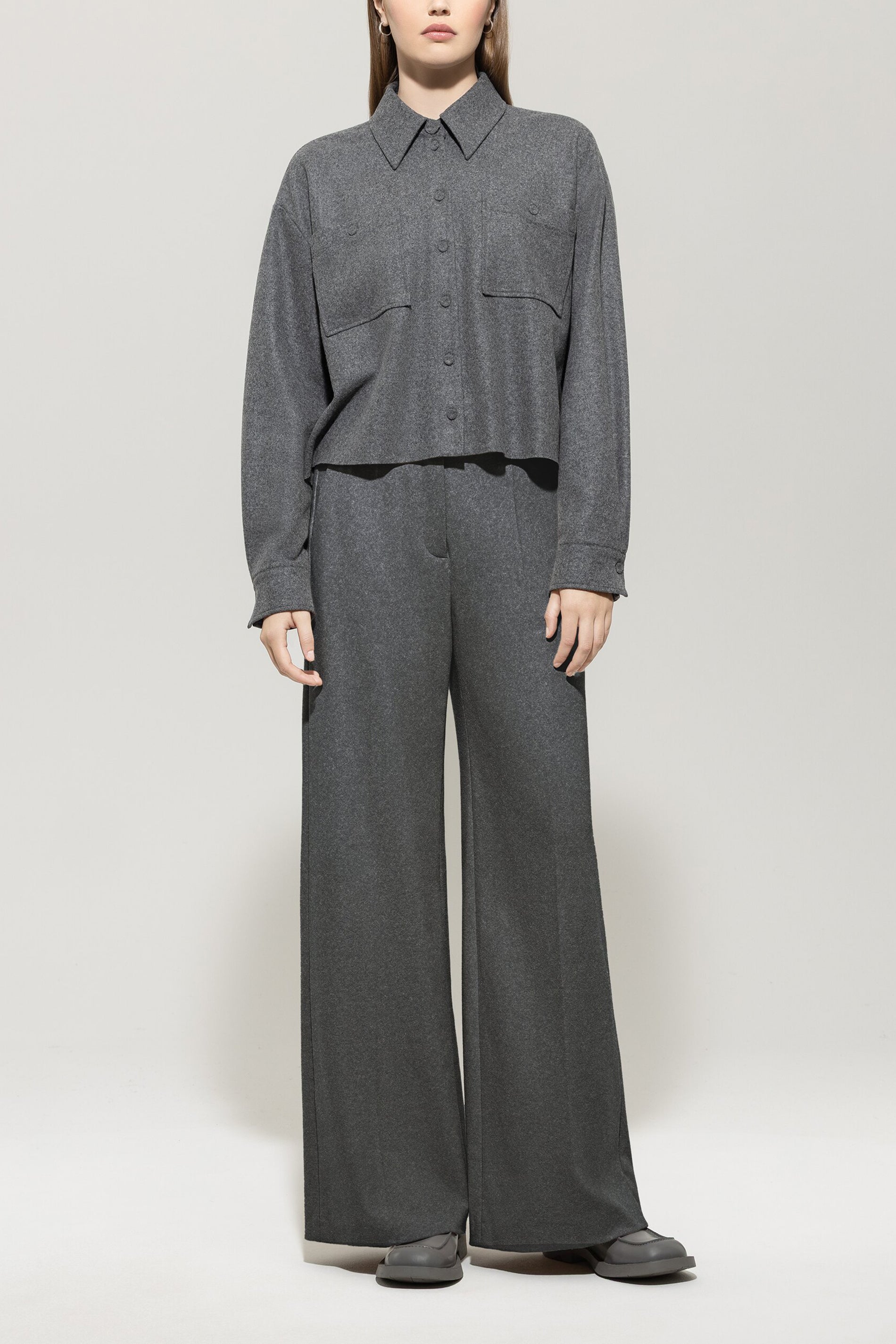 Flanell-Wideleg-Pants - dark grey melange - Standard | Model Front