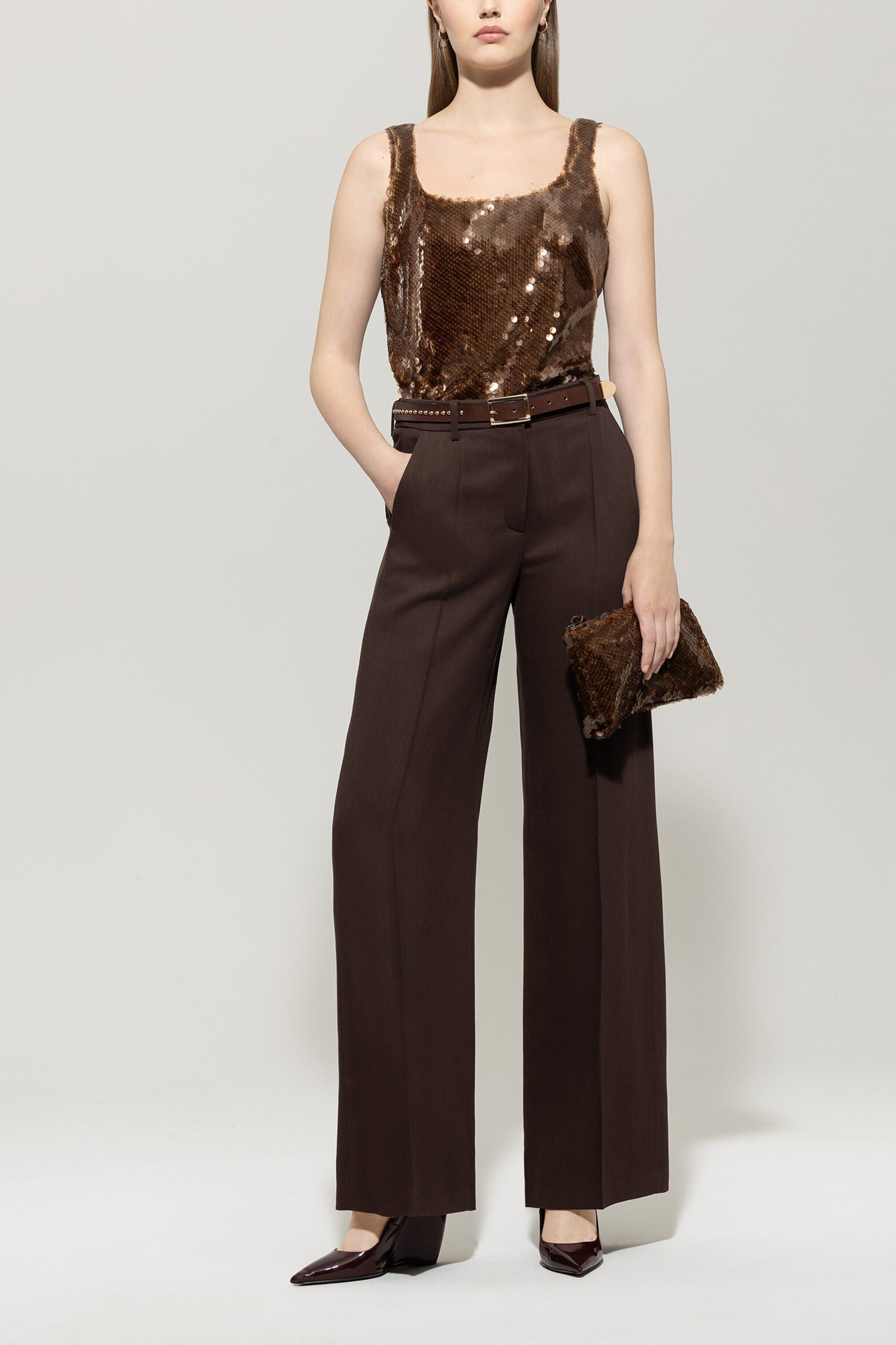 Gabardine-Wideleg-Pants - espresso - Standard | Model Front