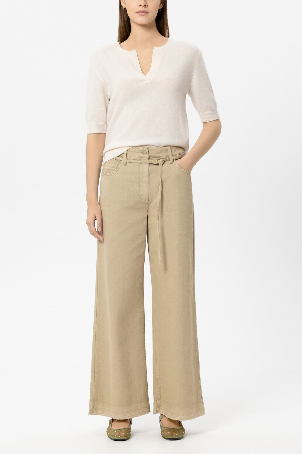 Wideleg denim with tie belt - sand - short version