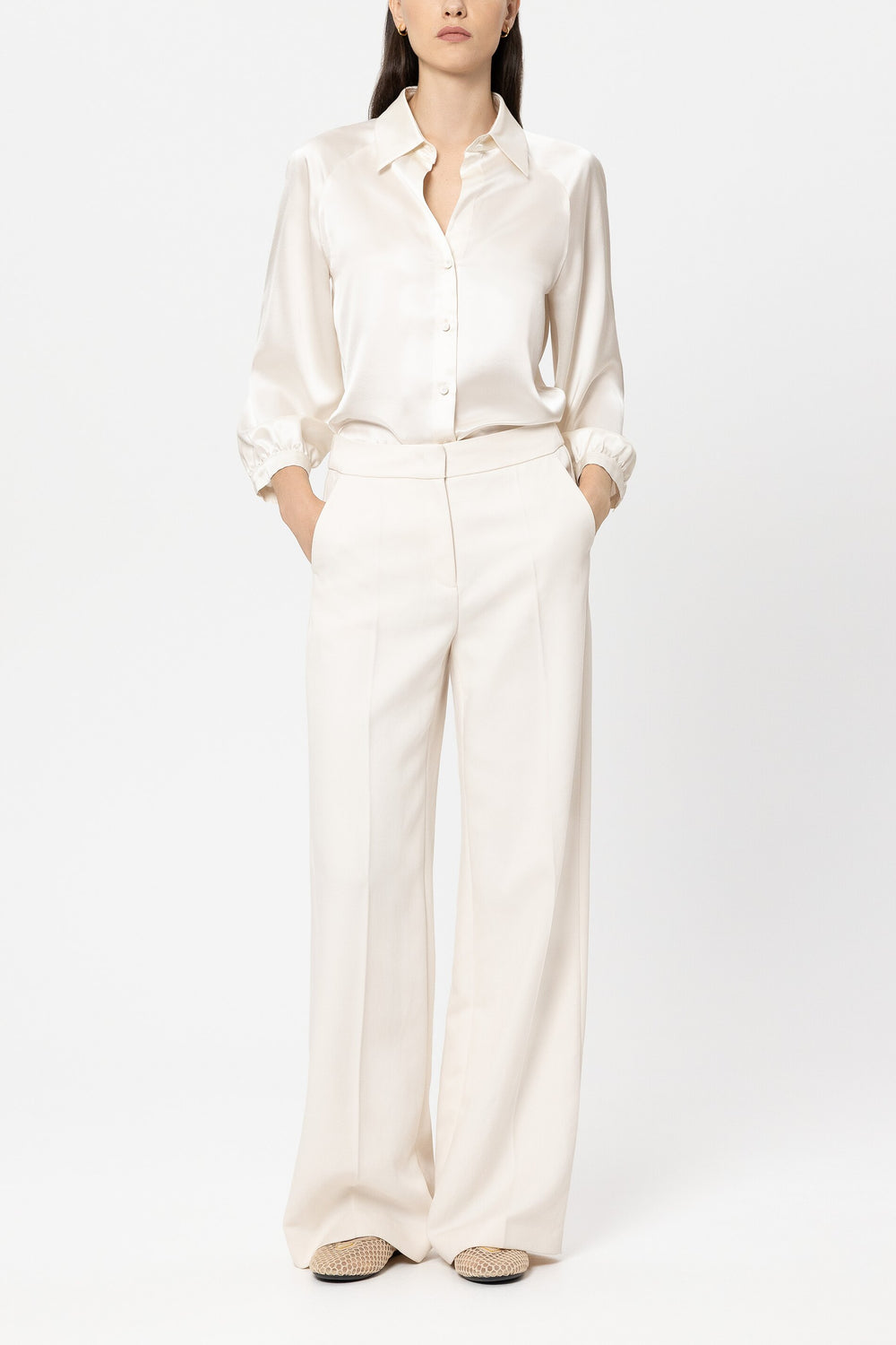 Twill wide-leg pants - cream - Standard