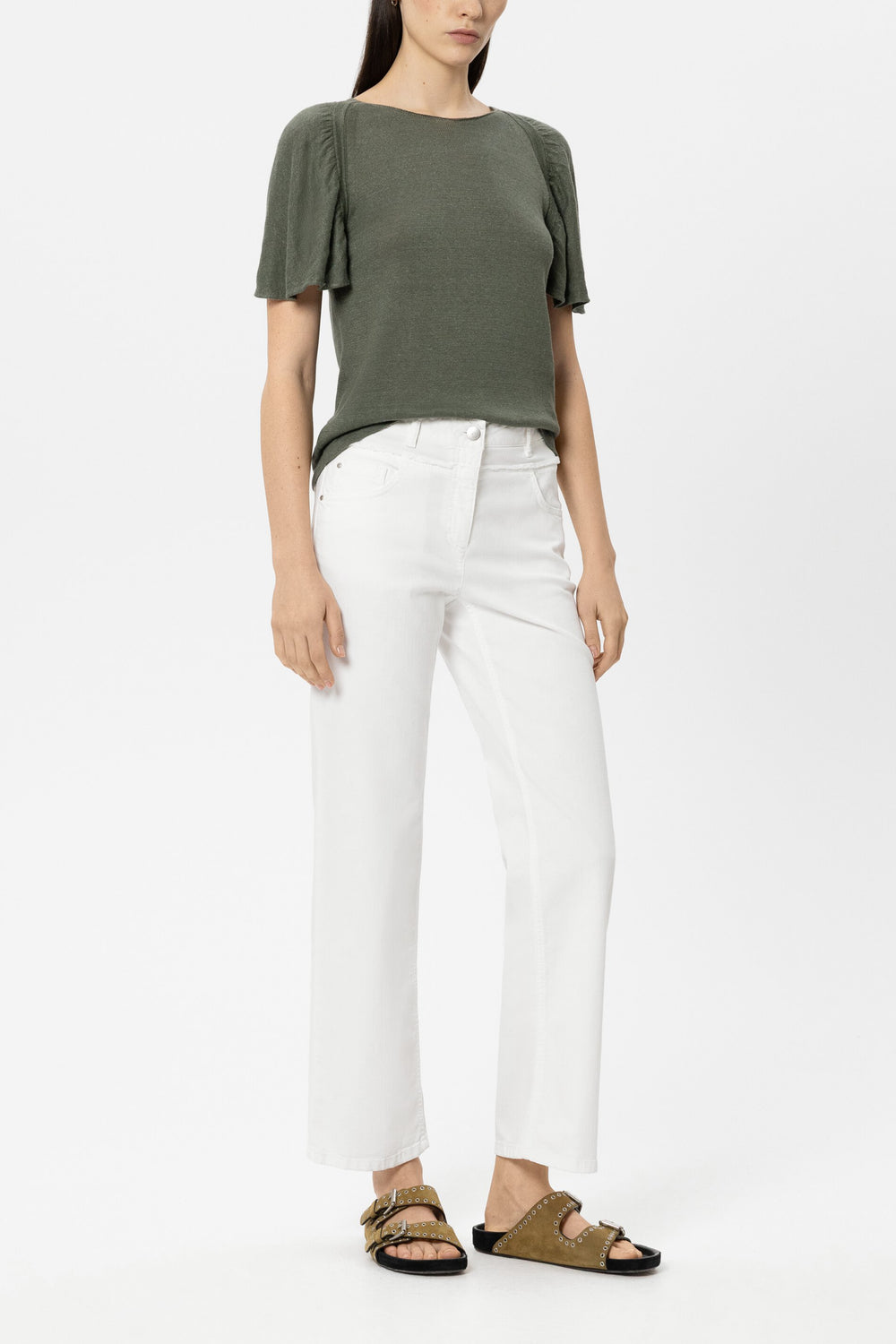 Straight denim with double waistband - white - Standard