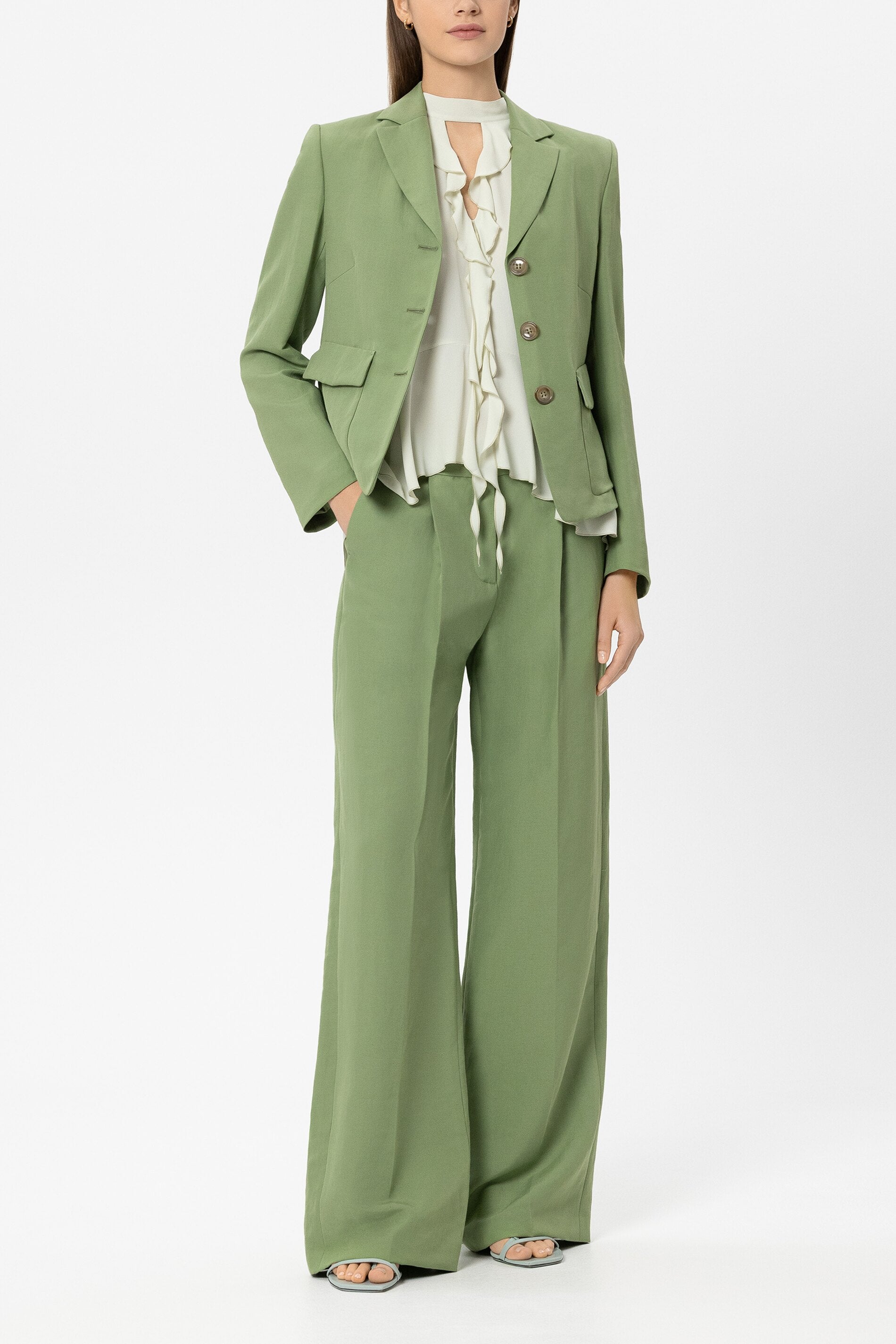 Wideleg-Pants aus Leinen-Mix - moss green - Standard | Model Front