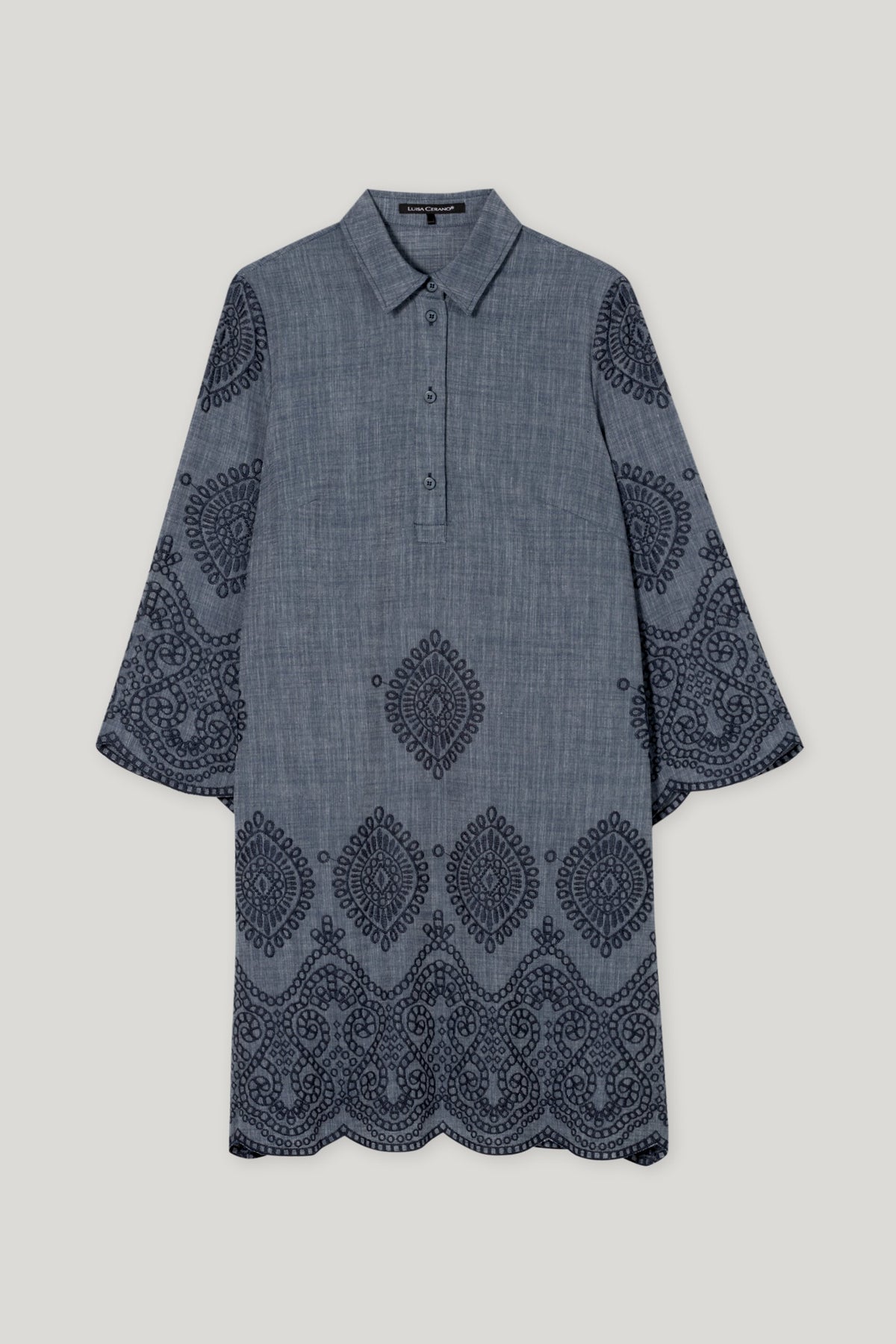 Denimkleid mit Stickmuster - jeans blue - lange Version | Artikel Front