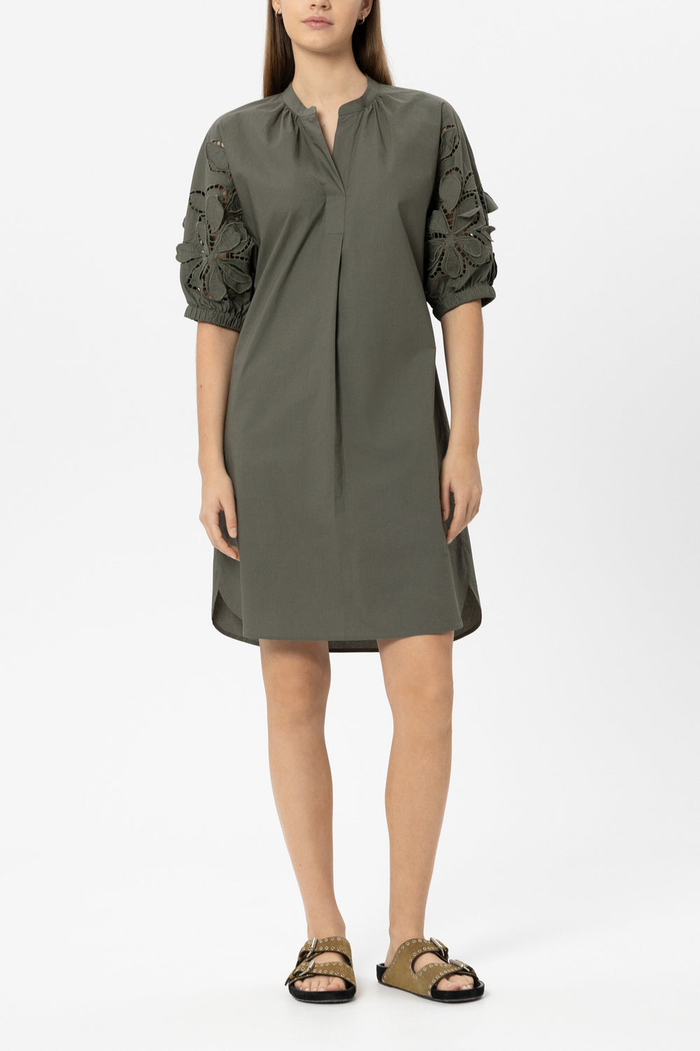 Midi dress with eyelet embroidery - khaki - Standard