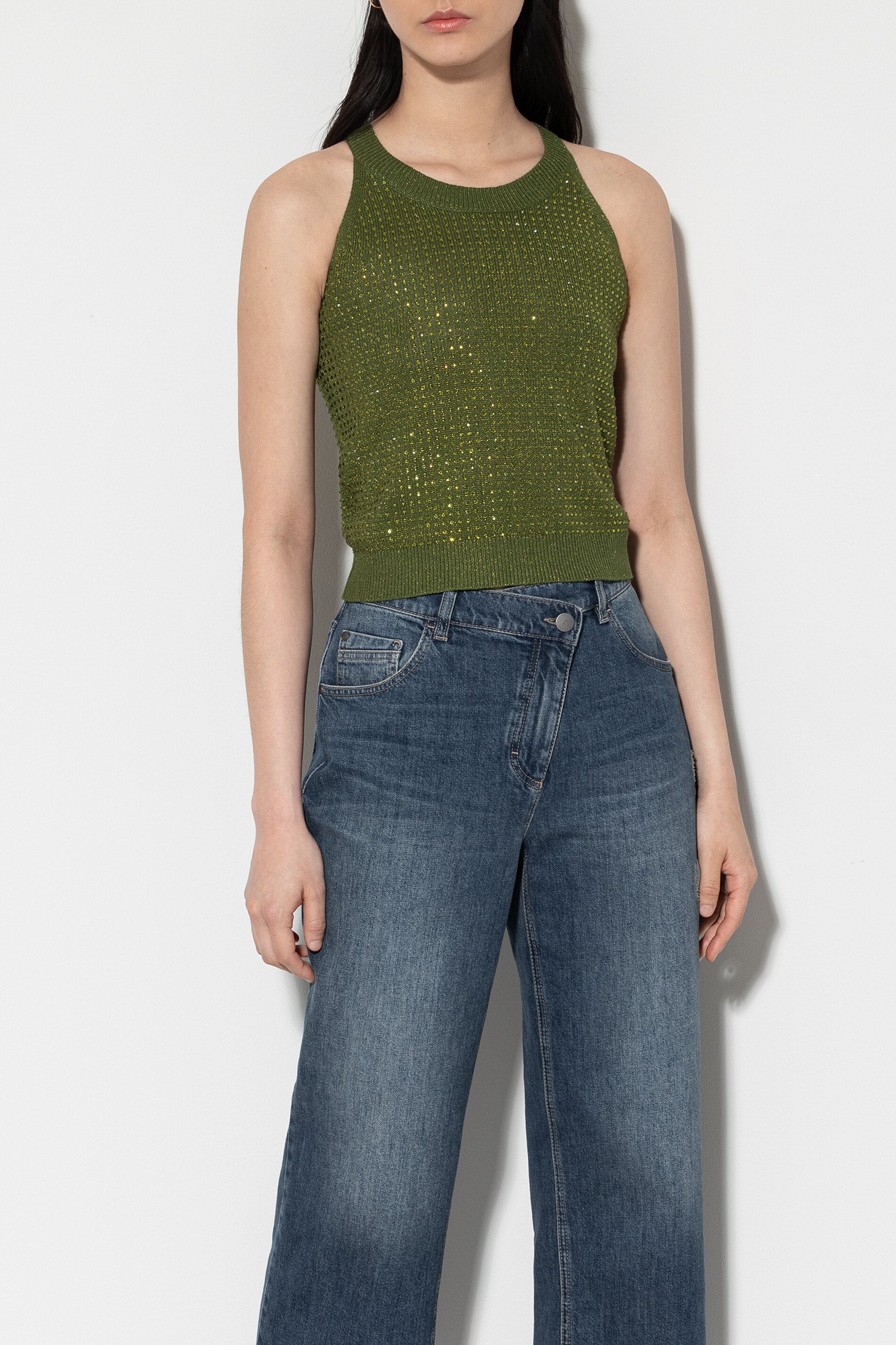 Stricktop mit Strass-Steinen - moss green - Standard | Model Front