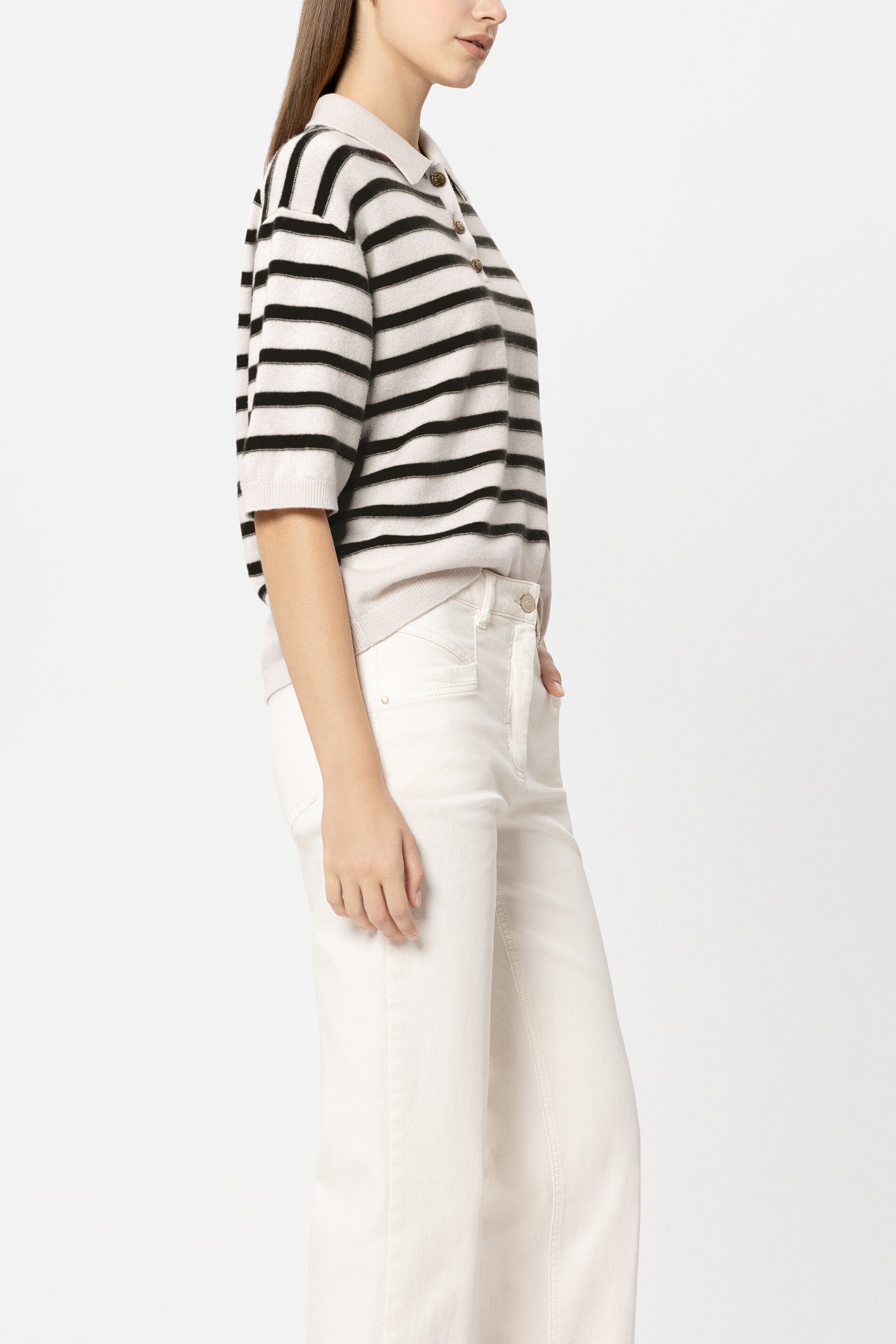 Ringel-Polo aus Kaschmir-Mix - navy blue / cream - Standard | Model Seite