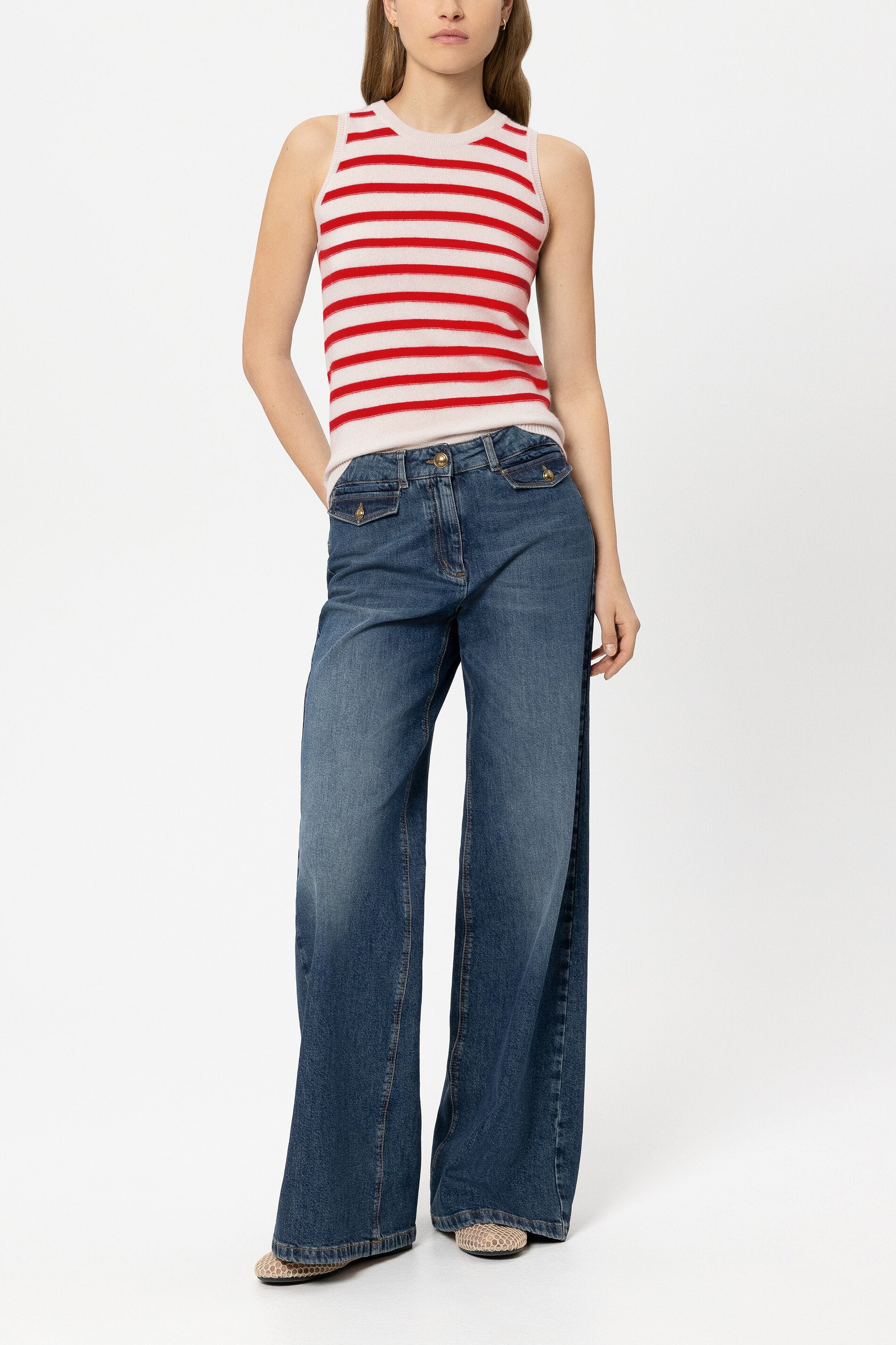 Ringel-Top aus Kaschmir-Mix - cherry red / cream - Standard | Model Front