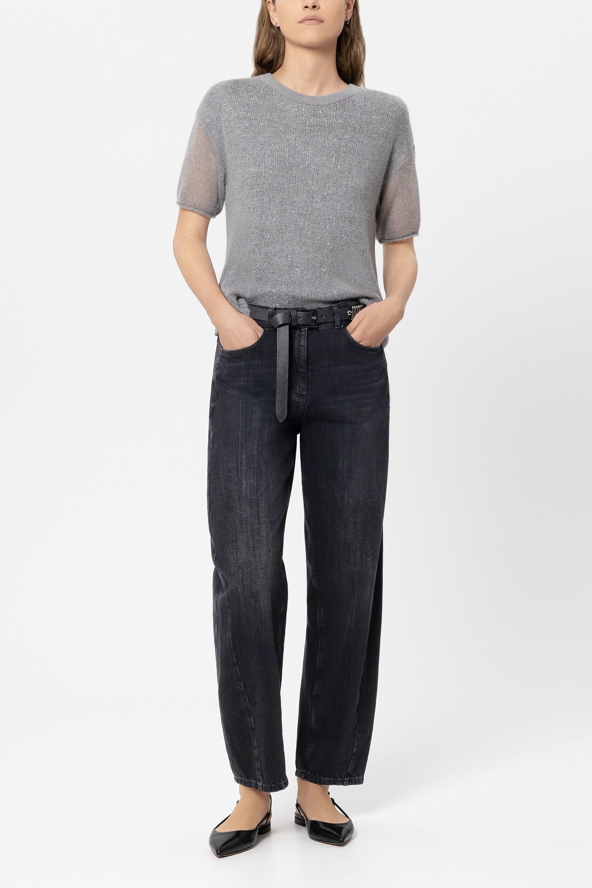 Pailletten-Halbarm-Pullover - silver - Standard | Model Front