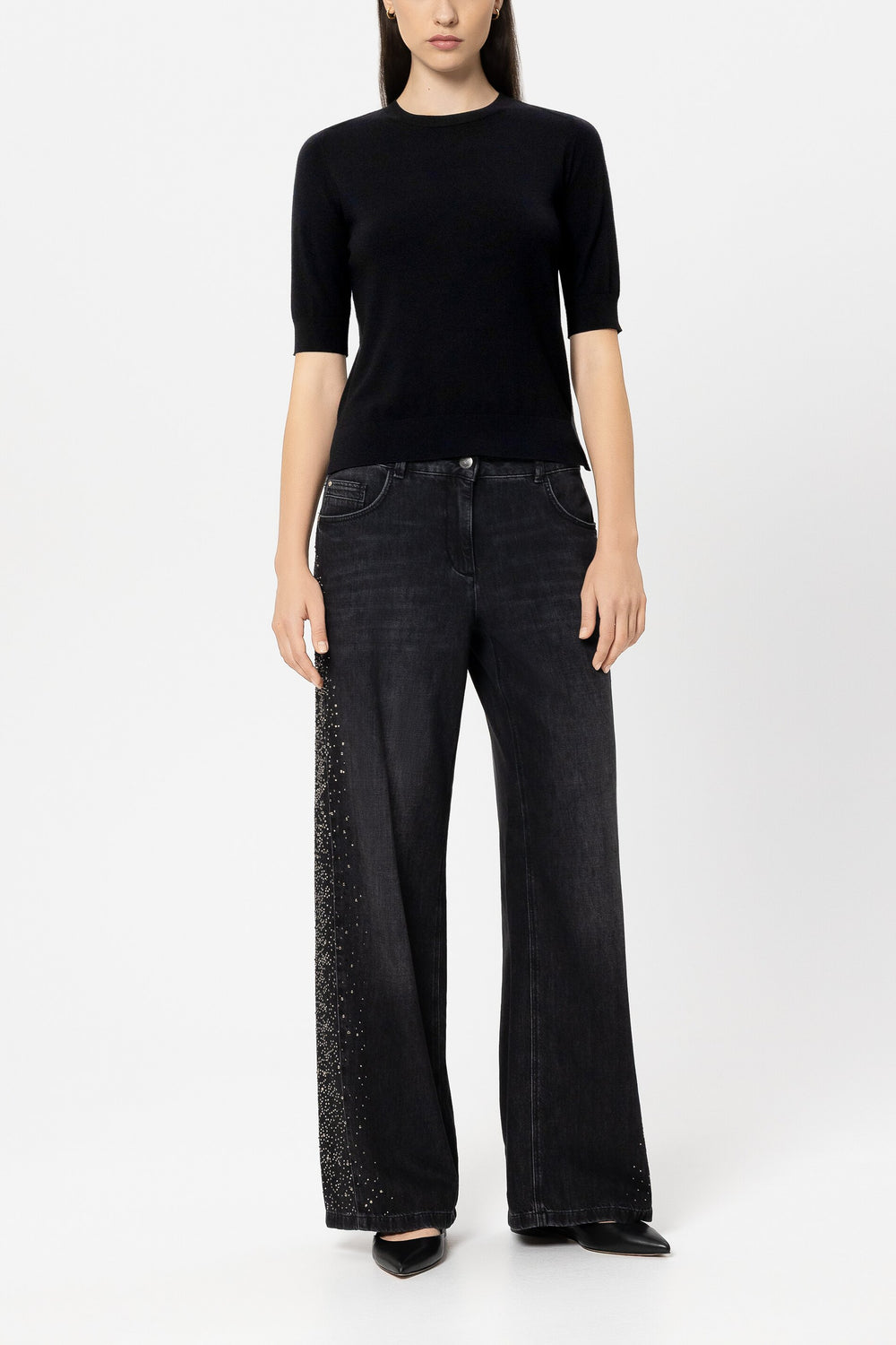 Half-sleeve fine knit sweater - pure black - Standard