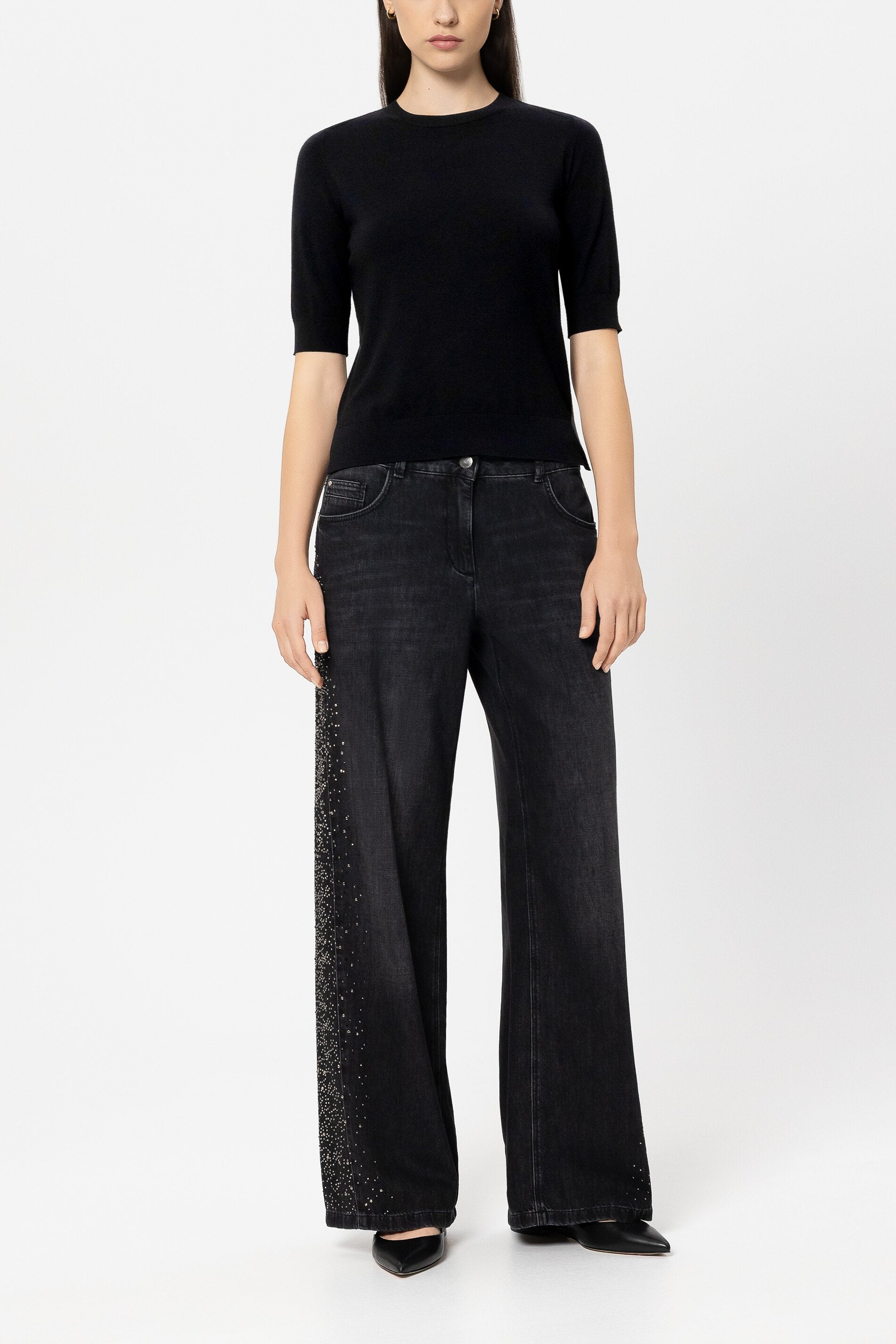 Halbarm-Feinstrick-Pullover - pure black - Standard | Model Front