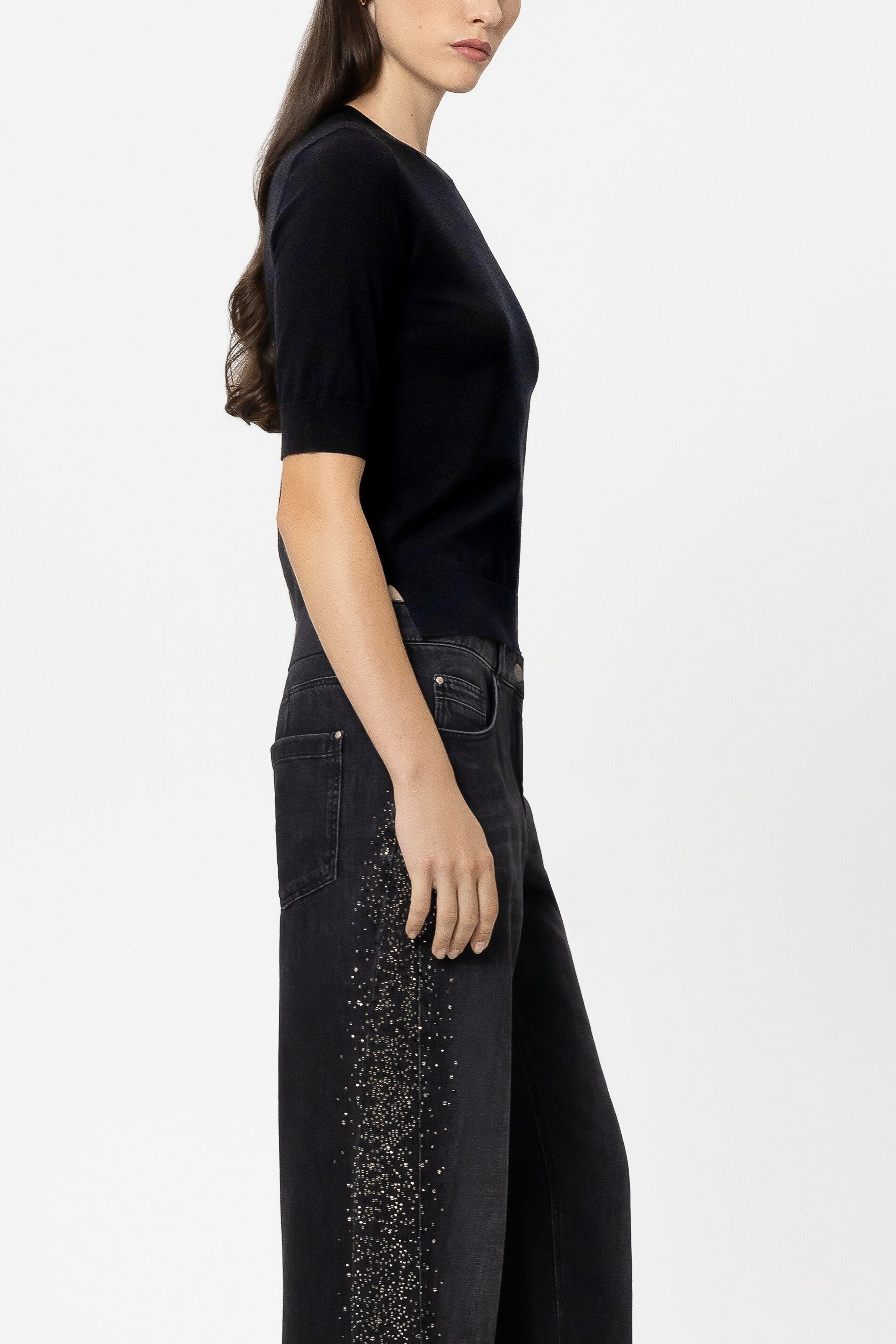 Halbarm-Feinstrick-Pullover - pure black - Standard | Model Seite